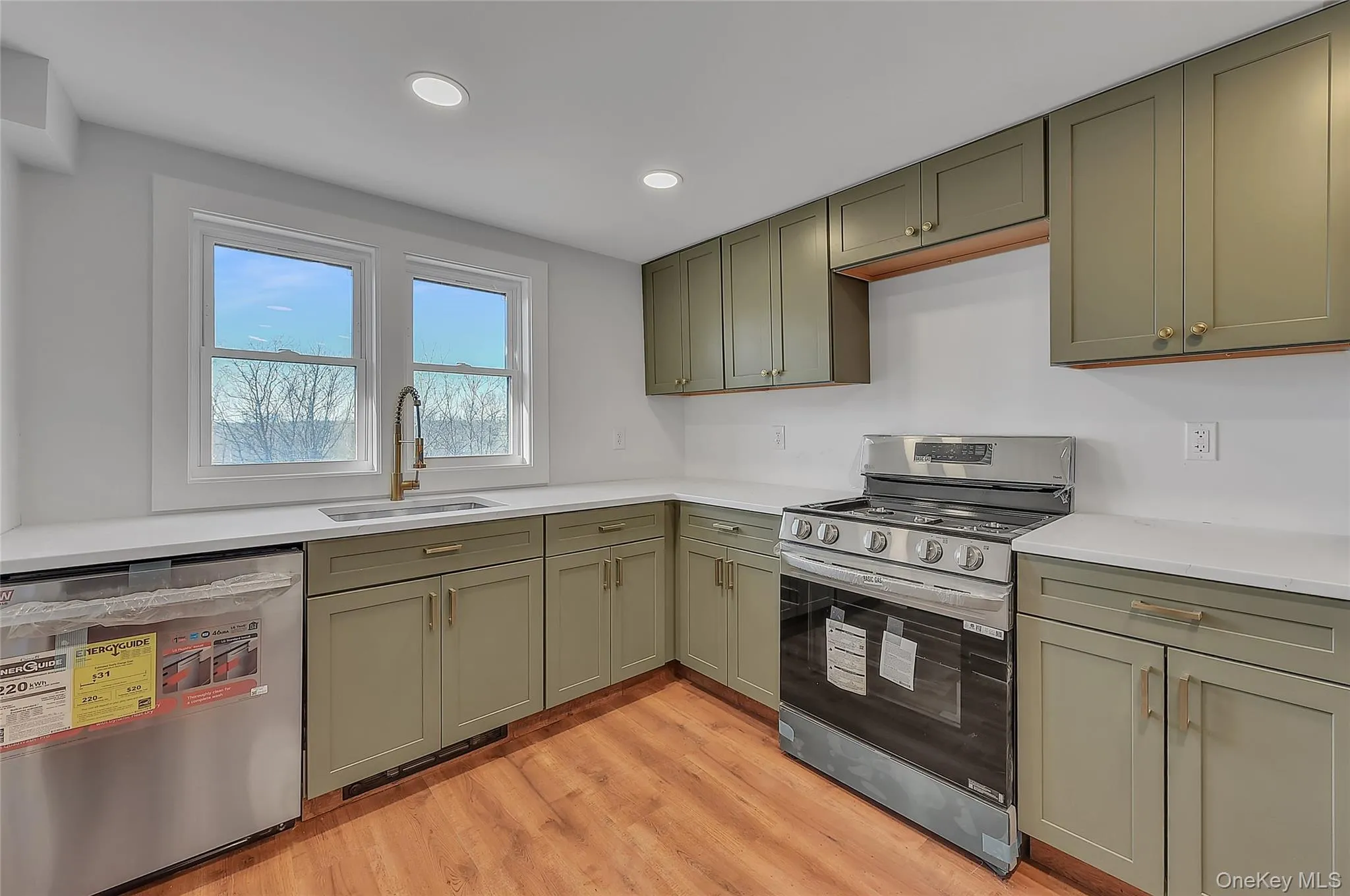 Kitchen featuring appliances with stainless steel finishes, light wood-style flooring, green cabinetry, light stone countertops, and recessed lighting Kitchen featuring appliances with stainless steel finishes, light wood-style flooring, green cabinetry, light stone countertops, and recessed lighting