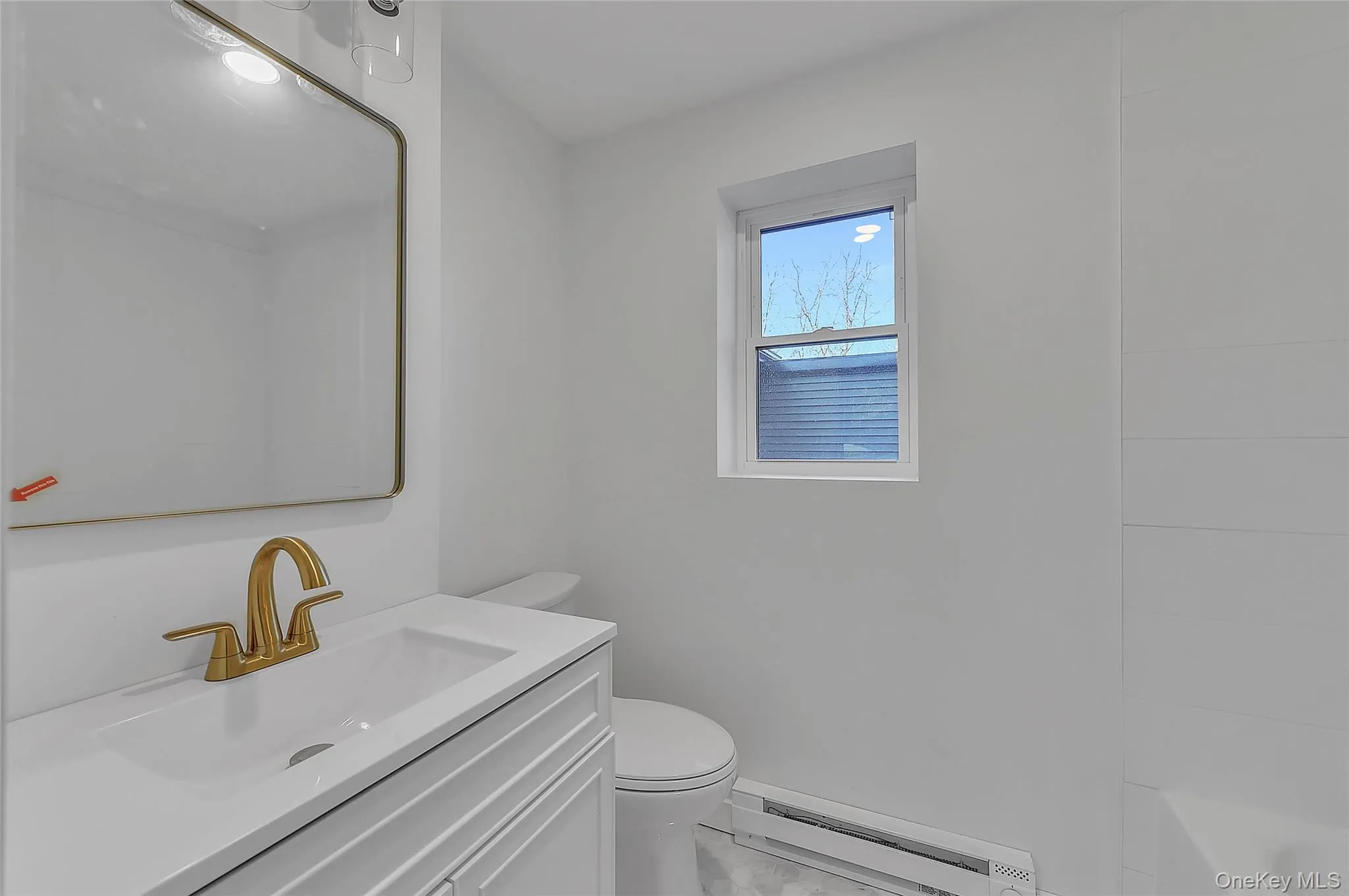 Bathroom with vanity, a baseboard radiator, and a tub Bathroom with vanity, a baseboard radiator, and a tub