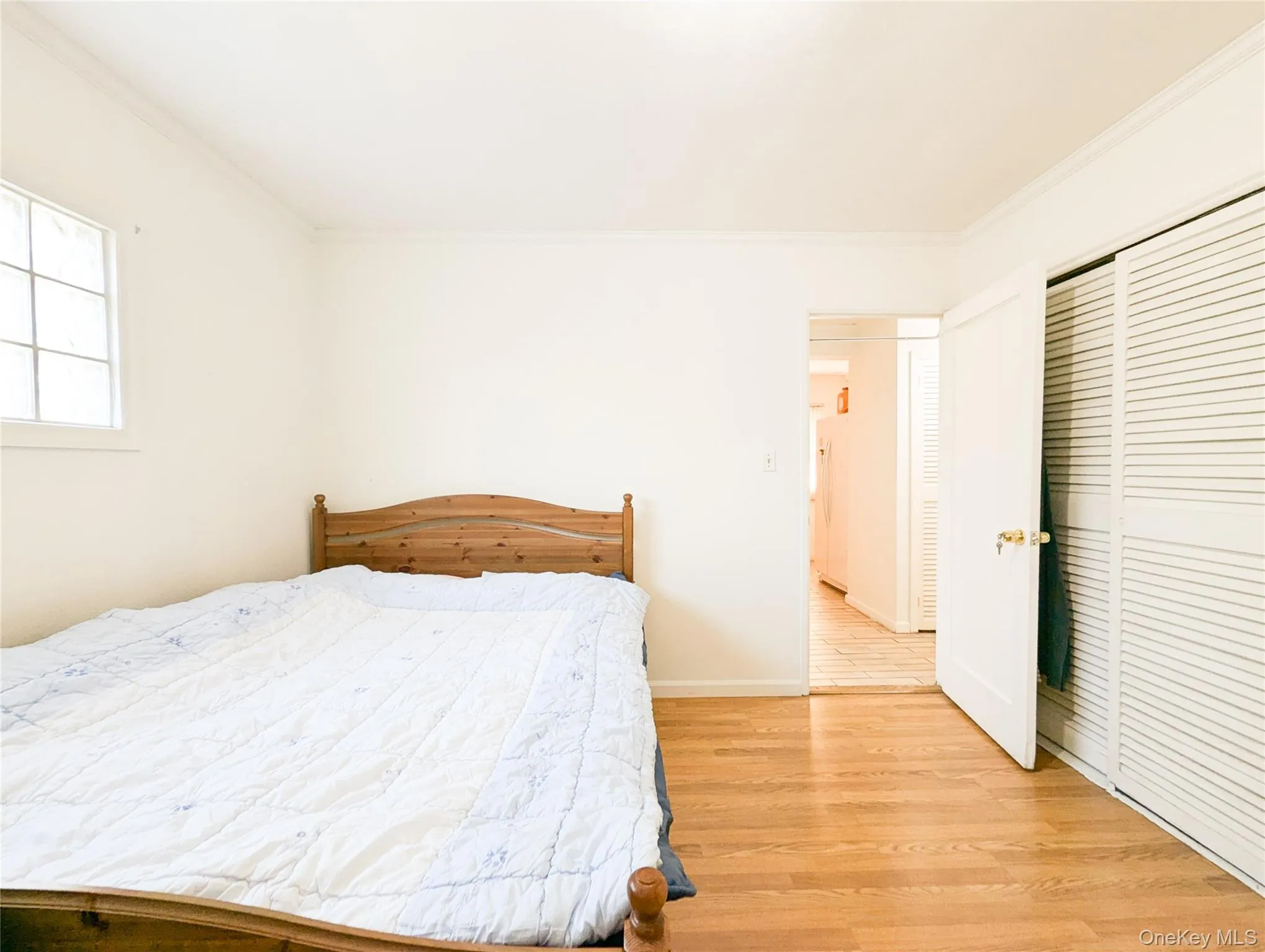 Bedroom featuring a closet, crown molding, and light hardwood / wood-style flooring Bedroom featuring a closet, crown molding, and light hardwood / wood-style flooring