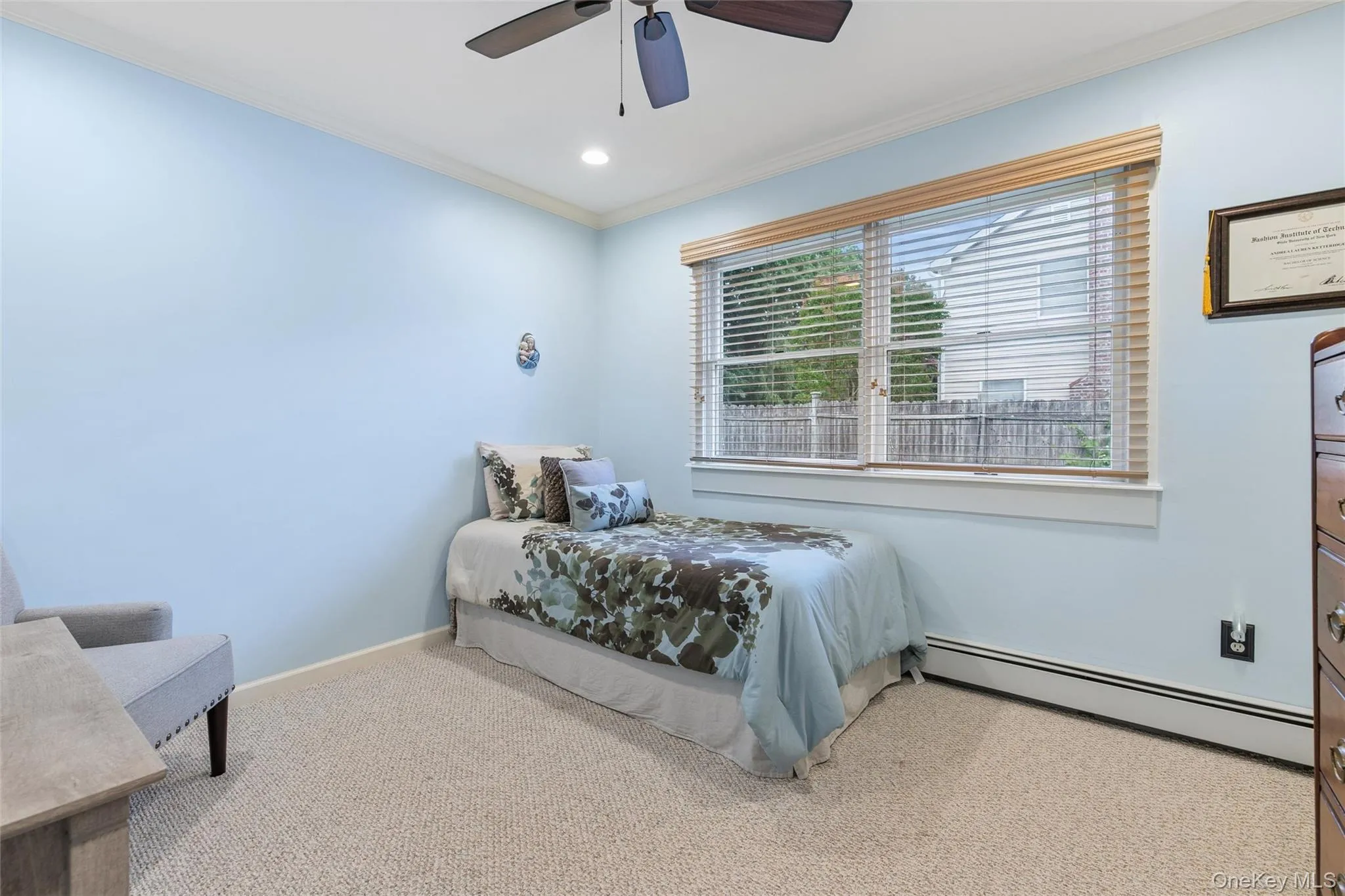 Carpeted room featuring a ceiling fan with light, recessed lighting, and a window with blinds Carpeted room featuring a ceiling fan with light, recessed lighting, and a window with blinds