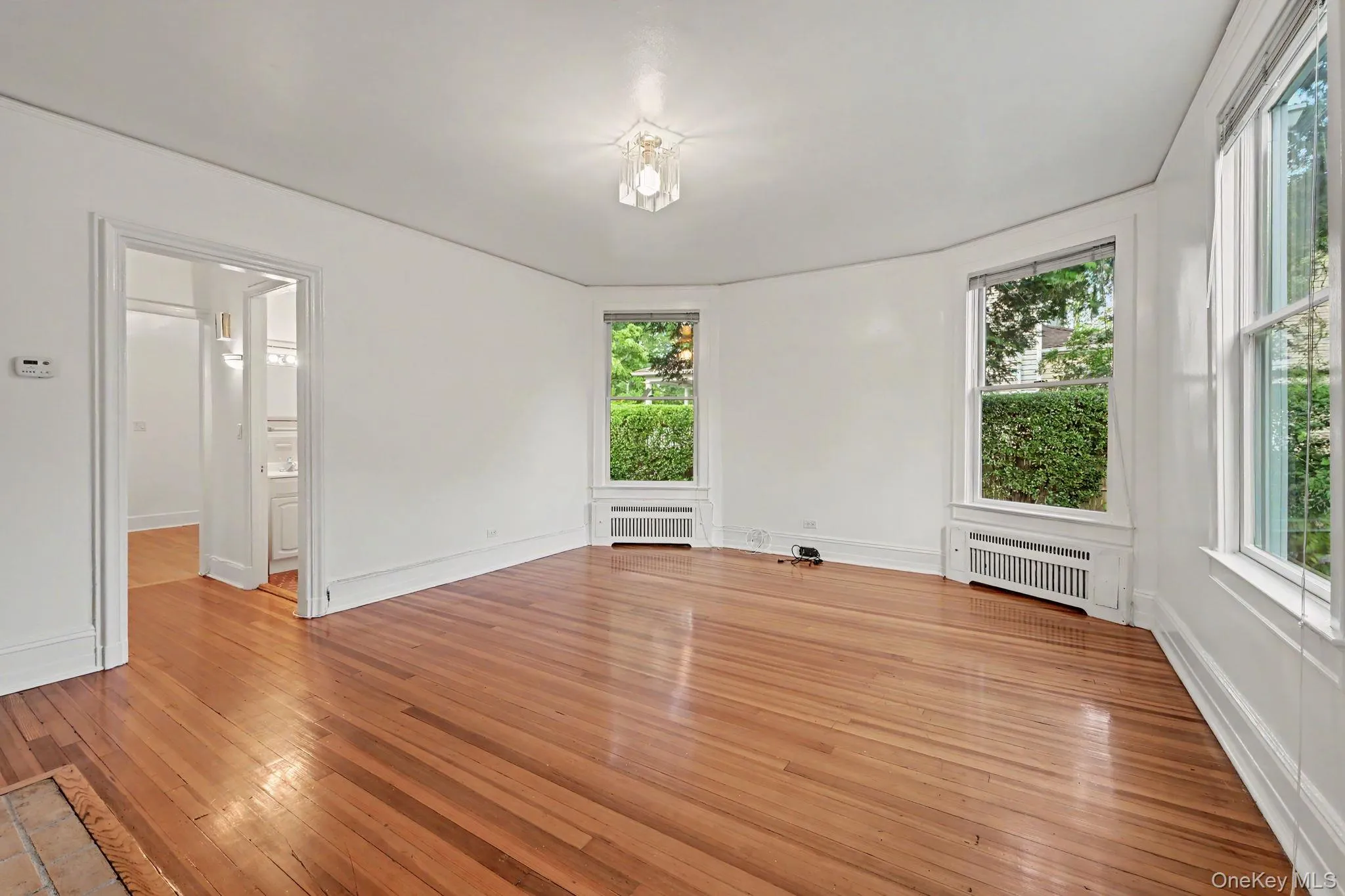 Room featuring wood-finish flooring, white painted walls, and an entryway with white trim Room featuring wood-finish flooring, white painted walls, and an entryway with white trim