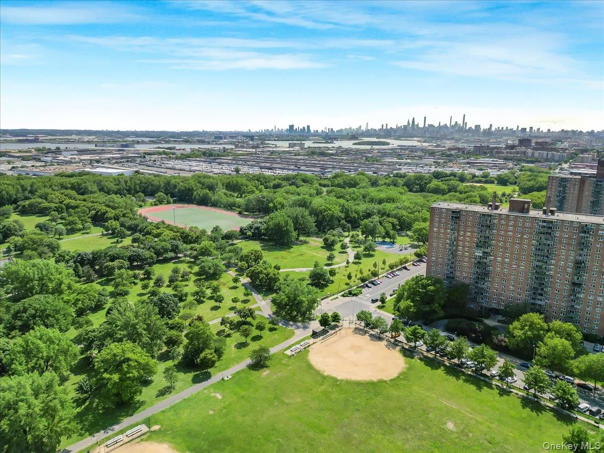Bird's eye view of city skyline and a tree filled landscape Bird's eye view of city skyline and a tree filled landscape