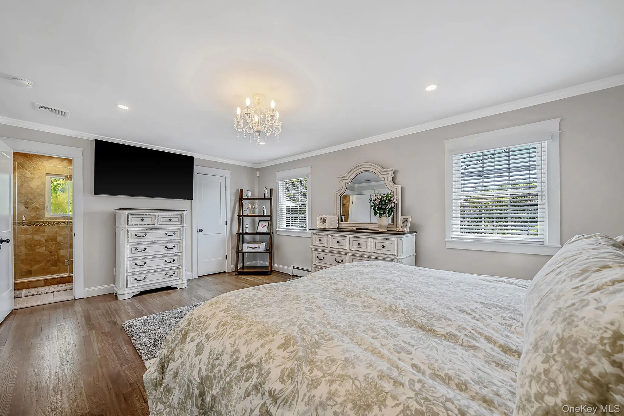 Primary En-Suite with HW Floors, Crown Molding, Recessed Lighting, WIC and Additional Closet, Primary Bathroom Primary En-Suite with HW Floors, Crown Molding, Recessed Lighting, WIC and Additional Closet, Primary Bathroom