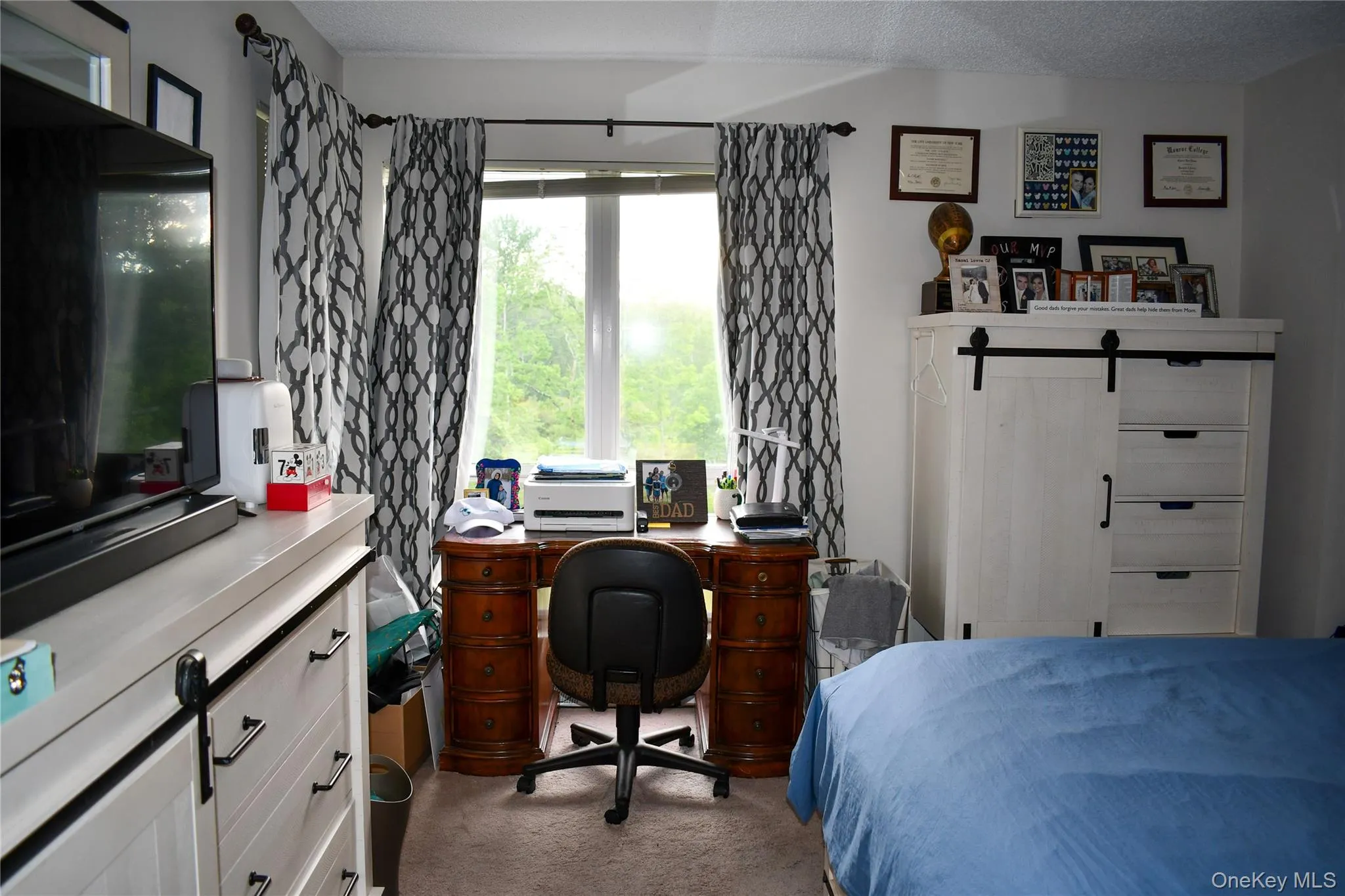 Bright room featuring a large window, patterned curtains, and neutral carpeting Bright room featuring a large window, patterned curtains, and neutral carpeting