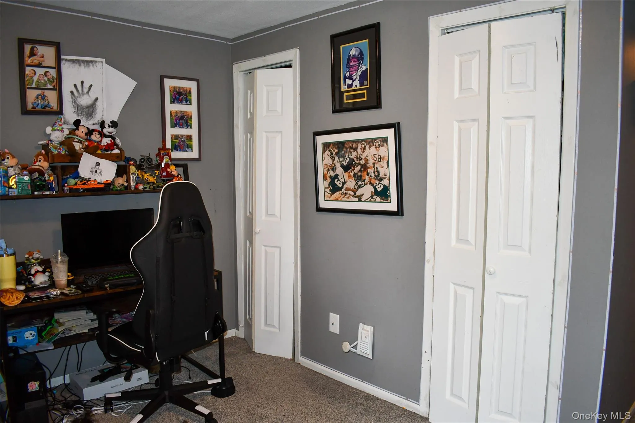 Gray wall paint with white trim molding and carpet flooring Gray wall paint with white trim molding and carpet flooring