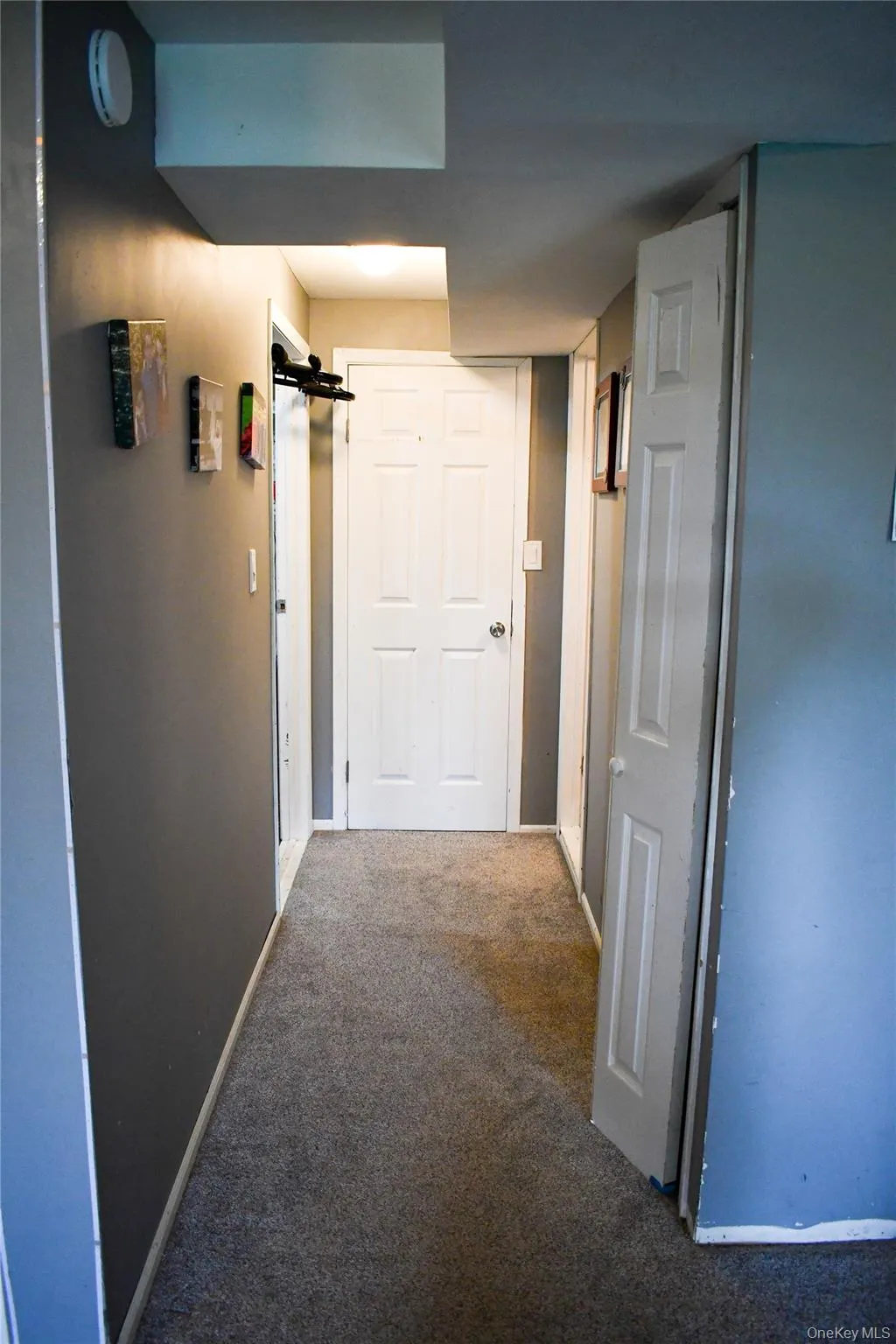 Hallway featuring light gray walls with a darker gray accent wall, gray carpet flooring, white paneled doors, and ceiling-mounted lighting Hallway featuring light gray walls with a darker gray accent wall, gray carpet flooring, white paneled doors, and ceiling-mounted lighting