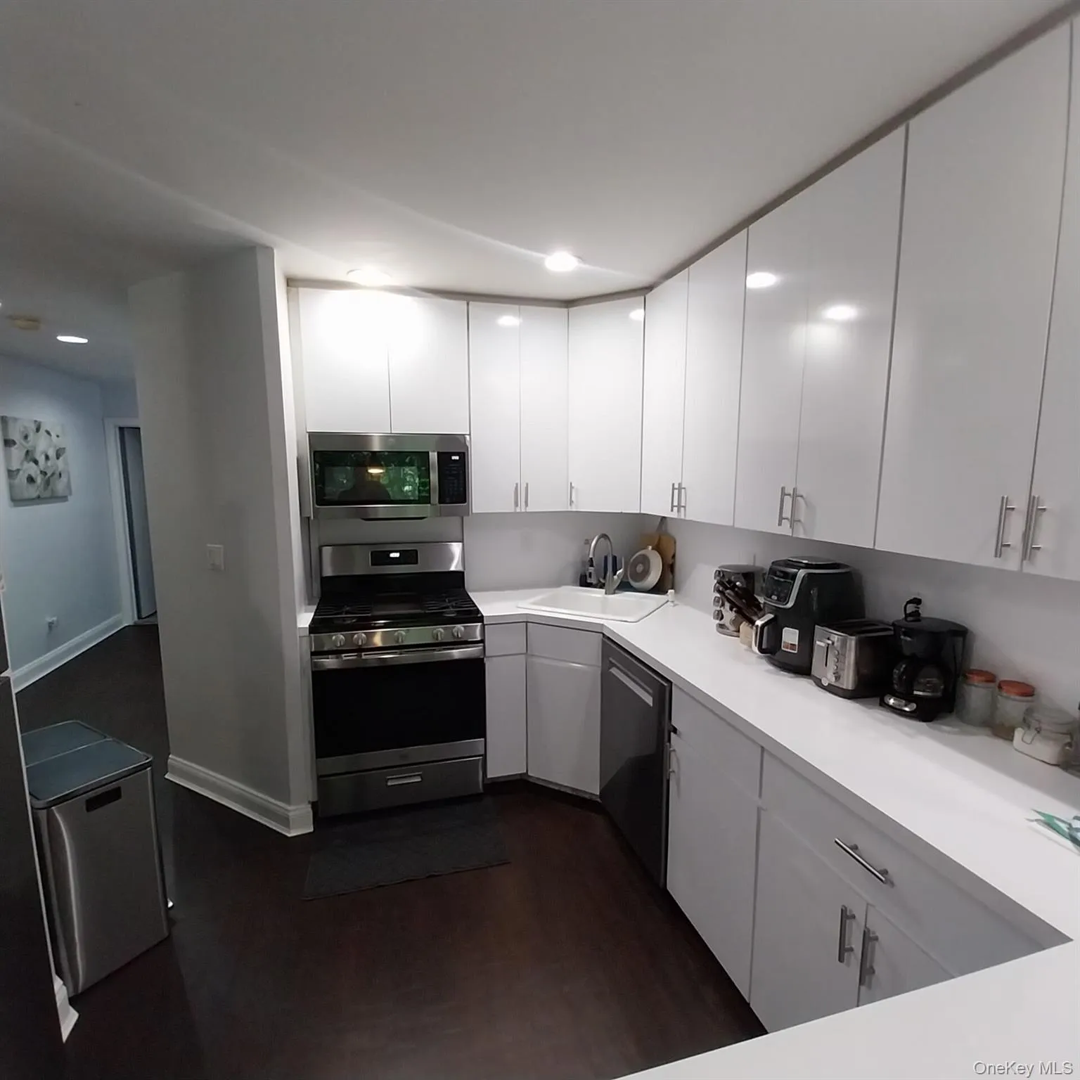 Modern kitchen featuring bright white cabinetry, stainless steel appliances, white countertops, and dark wood-finish flooring Modern kitchen featuring bright white cabinetry, stainless steel appliances, white countertops, and dark wood-finish flooring