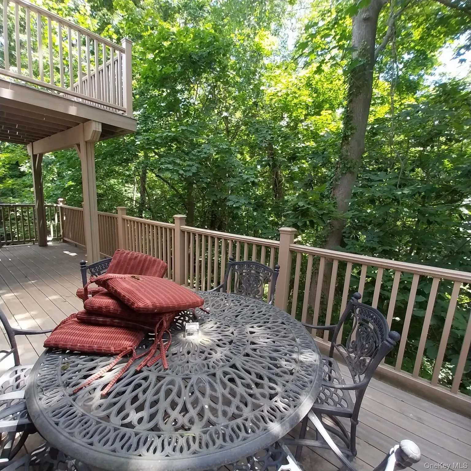 Multi-level wood deck featuring a natural wood finish, extensive balustrade, and a mature tree canopy Multi-level wood deck featuring a natural wood finish, extensive balustrade, and a mature tree canopy