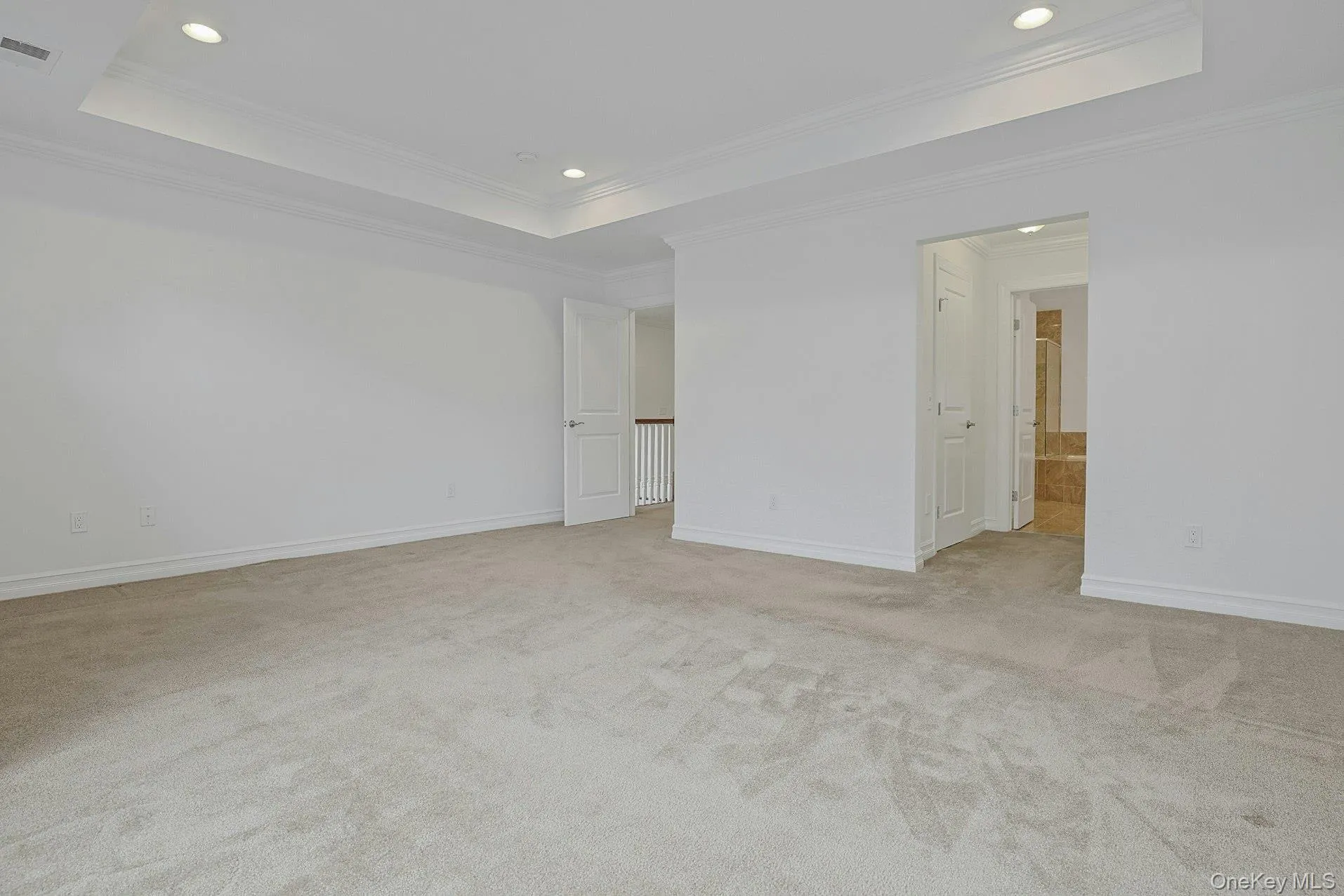 A serene owner's retreat featuring plush carpeting, a tray ceiling, and direct access to two walk-in closets and the luxurious ensuite bath. A serene owner's retreat featuring plush carpeting, a tray ceiling, and direct access to two walk-in closets and the luxurious ensuite bath.