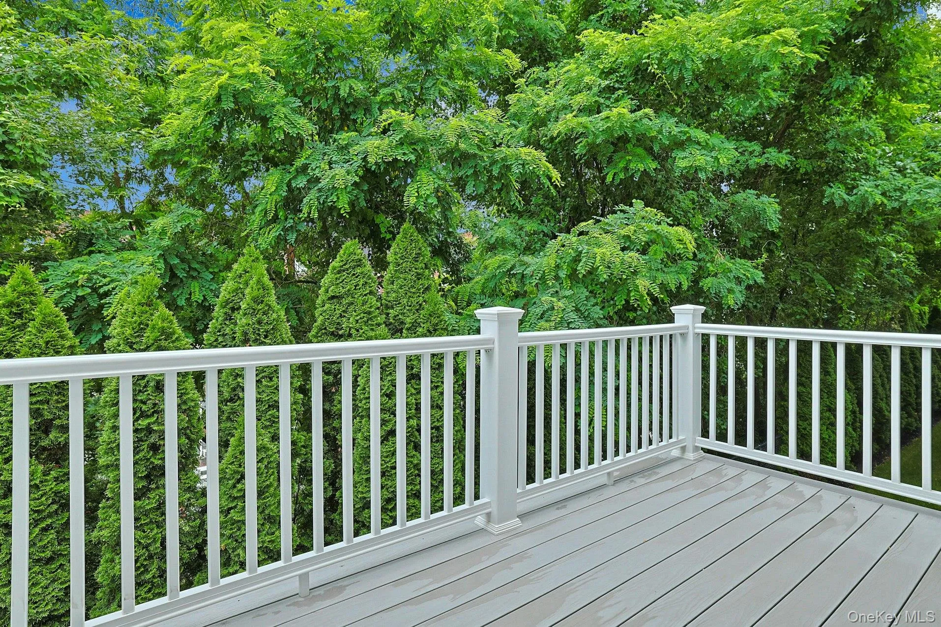 Enjoy peaceful views of mature trees and lush greenery from the private Trex deck—an ideal extension of the home's living space and built for years of low-maintenance enjoyment. Enjoy peaceful views of mature trees and lush greenery from the private Trex deck—an ideal extension of the home's living space and built for years of low-maintenance enjoyment.