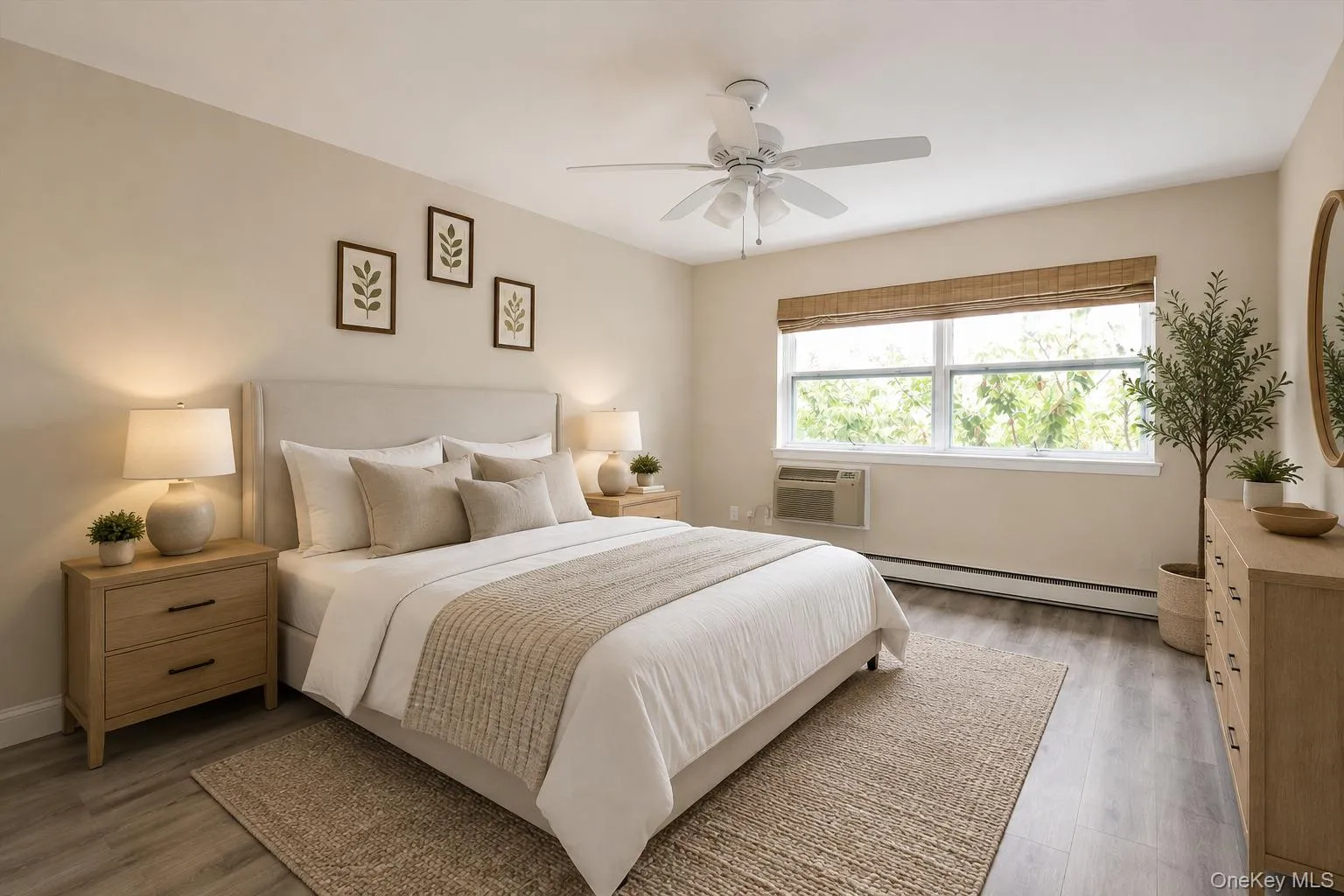 Upholstered headboard, wood-finish flooring, ceiling fan, and large window with blinds Upholstered headboard, wood-finish flooring, ceiling fan, and large window with blinds