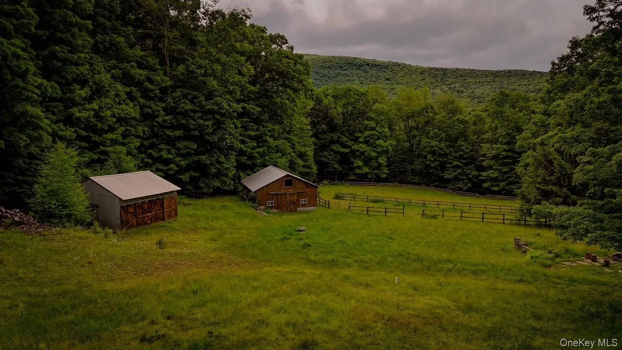 Expansive green space featuring two wood-sided outbuildings with metal roofs, surrounded by dense natural foliage Expansive green space featuring two wood-sided outbuildings with metal roofs, surrounded by dense natural foliage