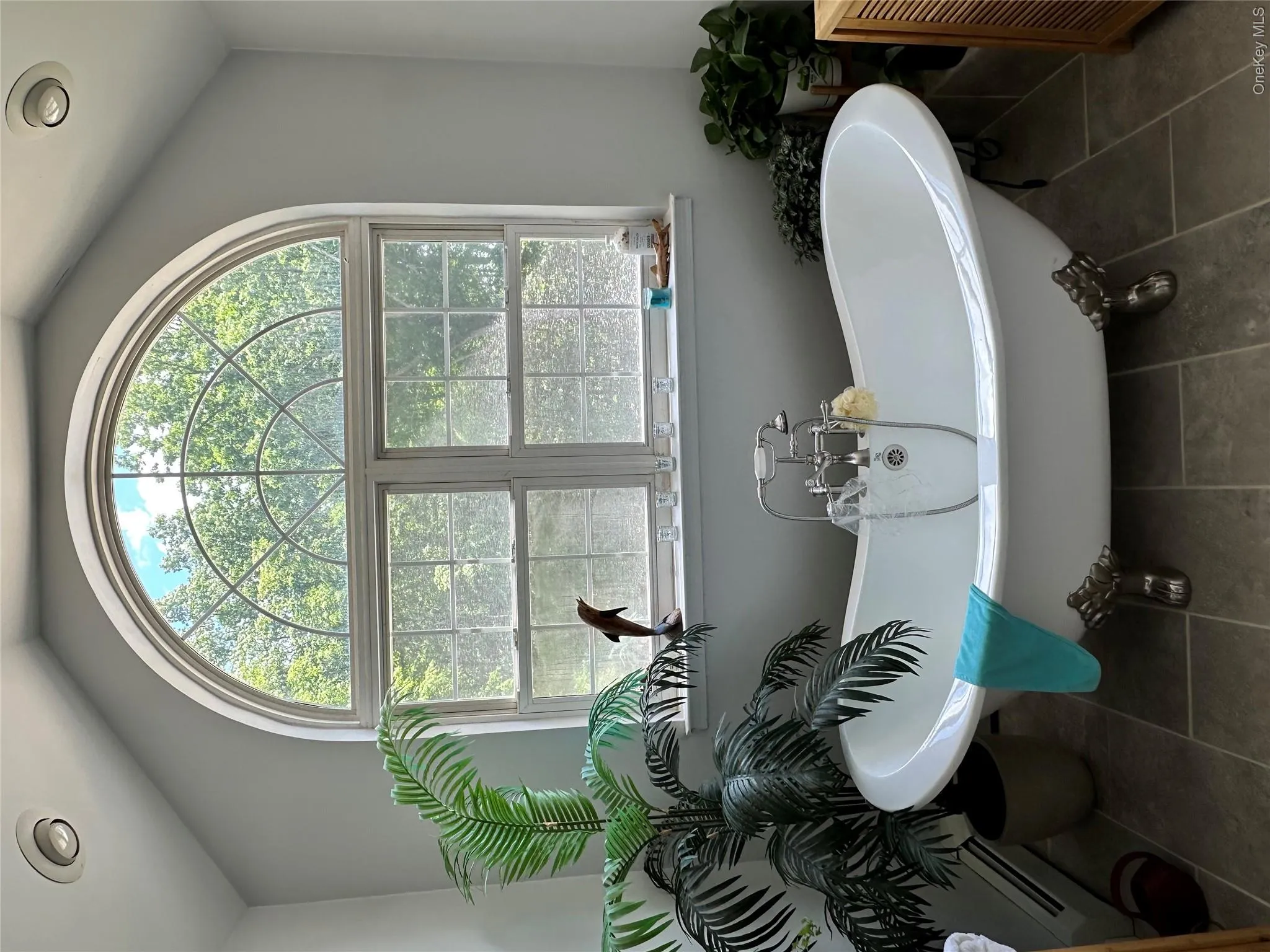 Freestanding clawfoot tub with a polished chrome faucet and showerhead Freestanding clawfoot tub with a polished chrome faucet and showerhead