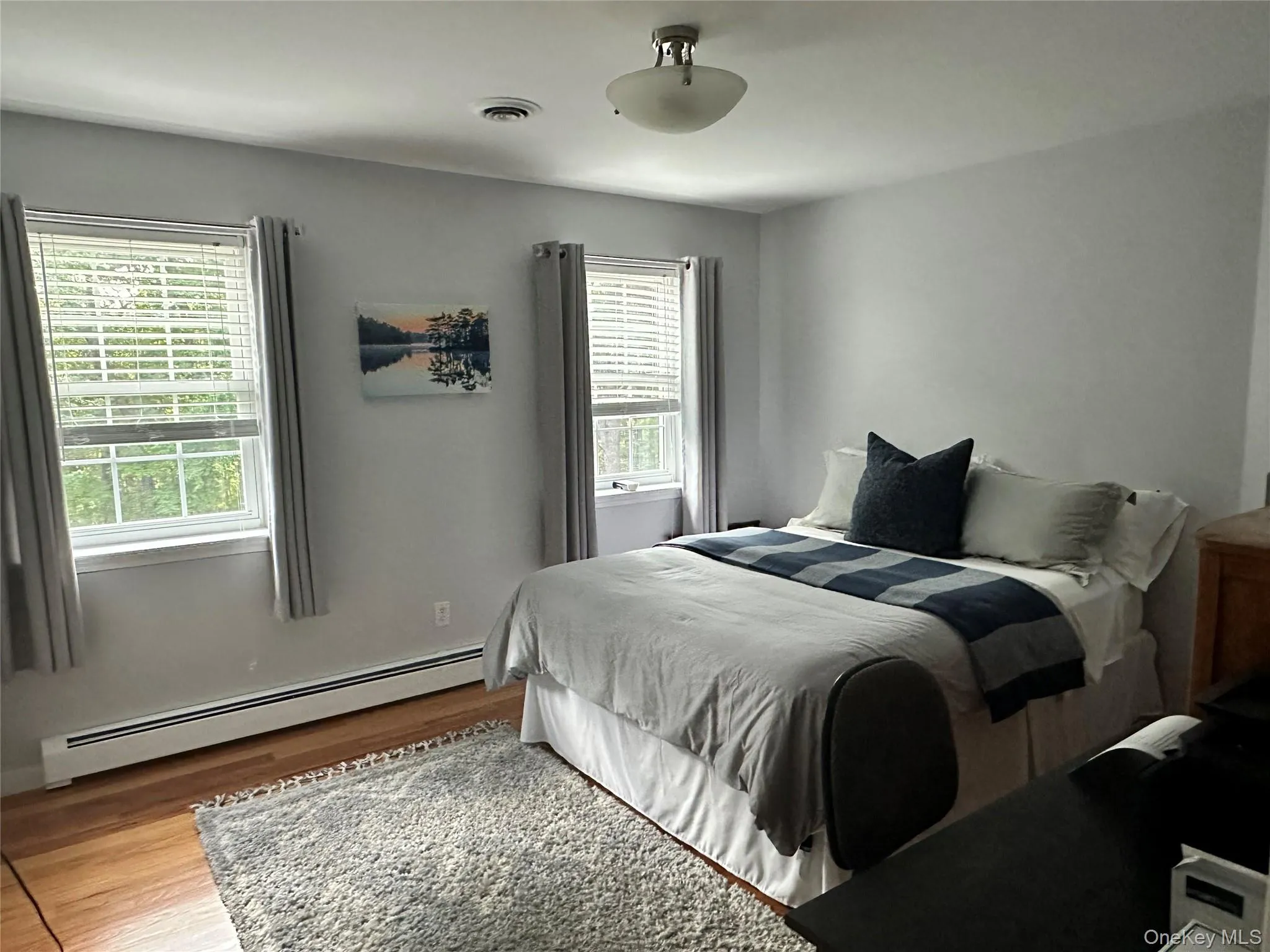 Third bedroom featuring hardwood flooring, two windows with blinds and drapes, a ceiling-mounted light fixture, and baseboard heating Third bedroom featuring hardwood flooring, two windows with blinds and drapes, a ceiling-mounted light fixture, and baseboard heating