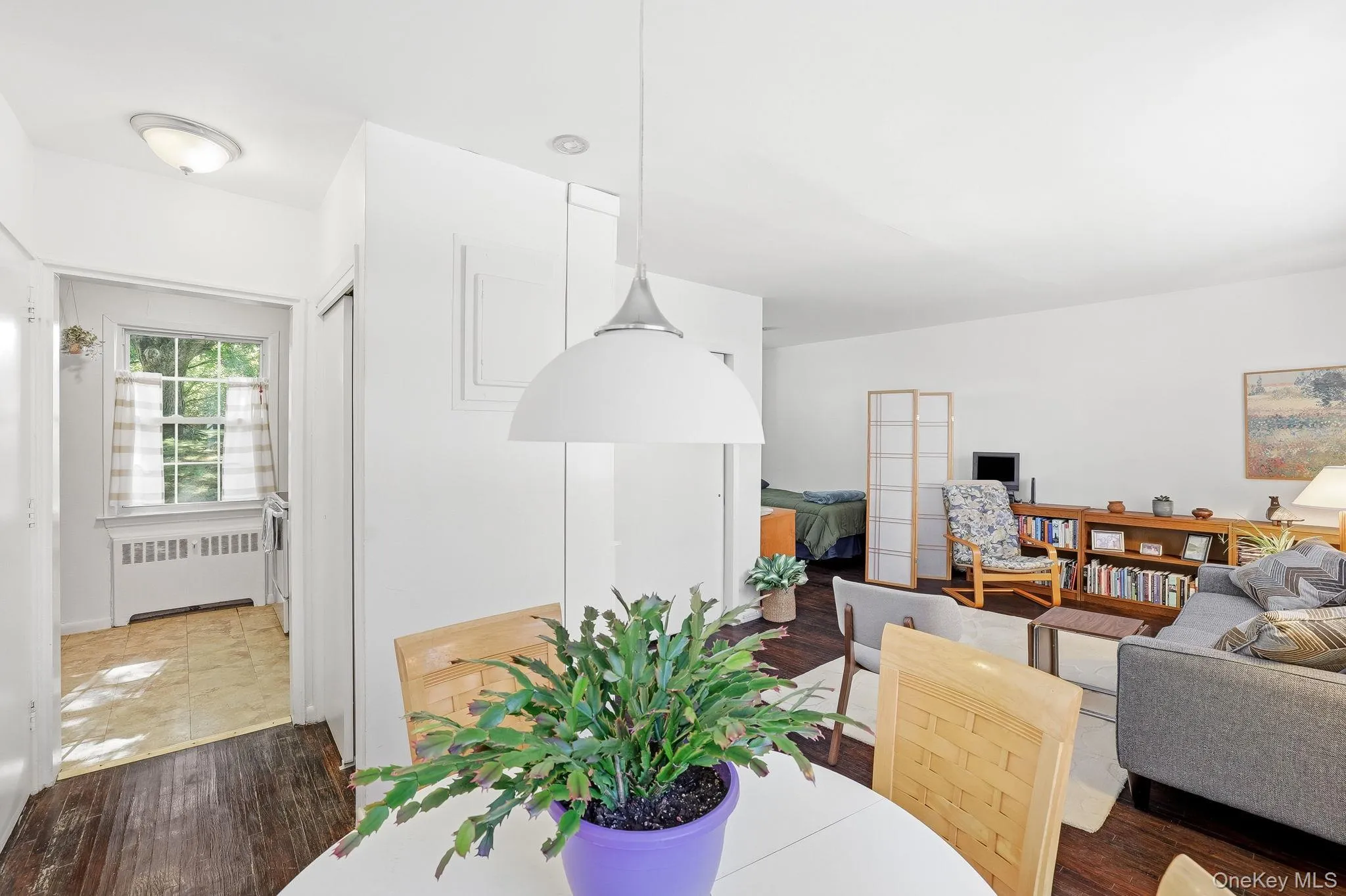 This view is panoramic with the kitchen entrance on the left, the living room on the right and beyond the fabric screen is the sleeping alcove This view is panoramic with the kitchen entrance on the left, the living room on the right and beyond the fabric screen is the sleeping alcove