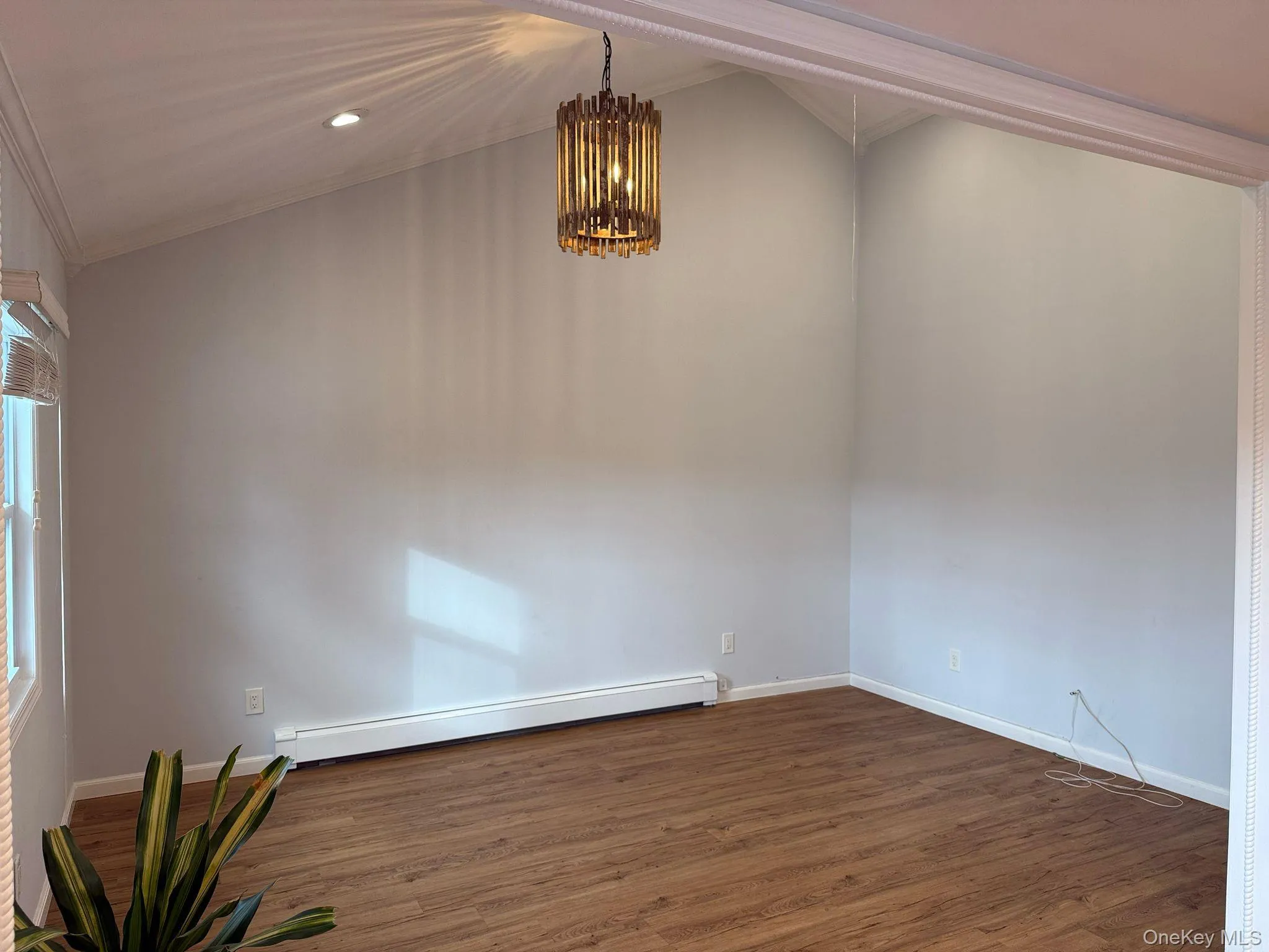Spare room featuring crown molding, a chandelier, dark wood-style floors, baseboard heating, and baseboards Spare room featuring crown molding, a chandelier, dark wood-style floors, baseboard heating, and baseboards