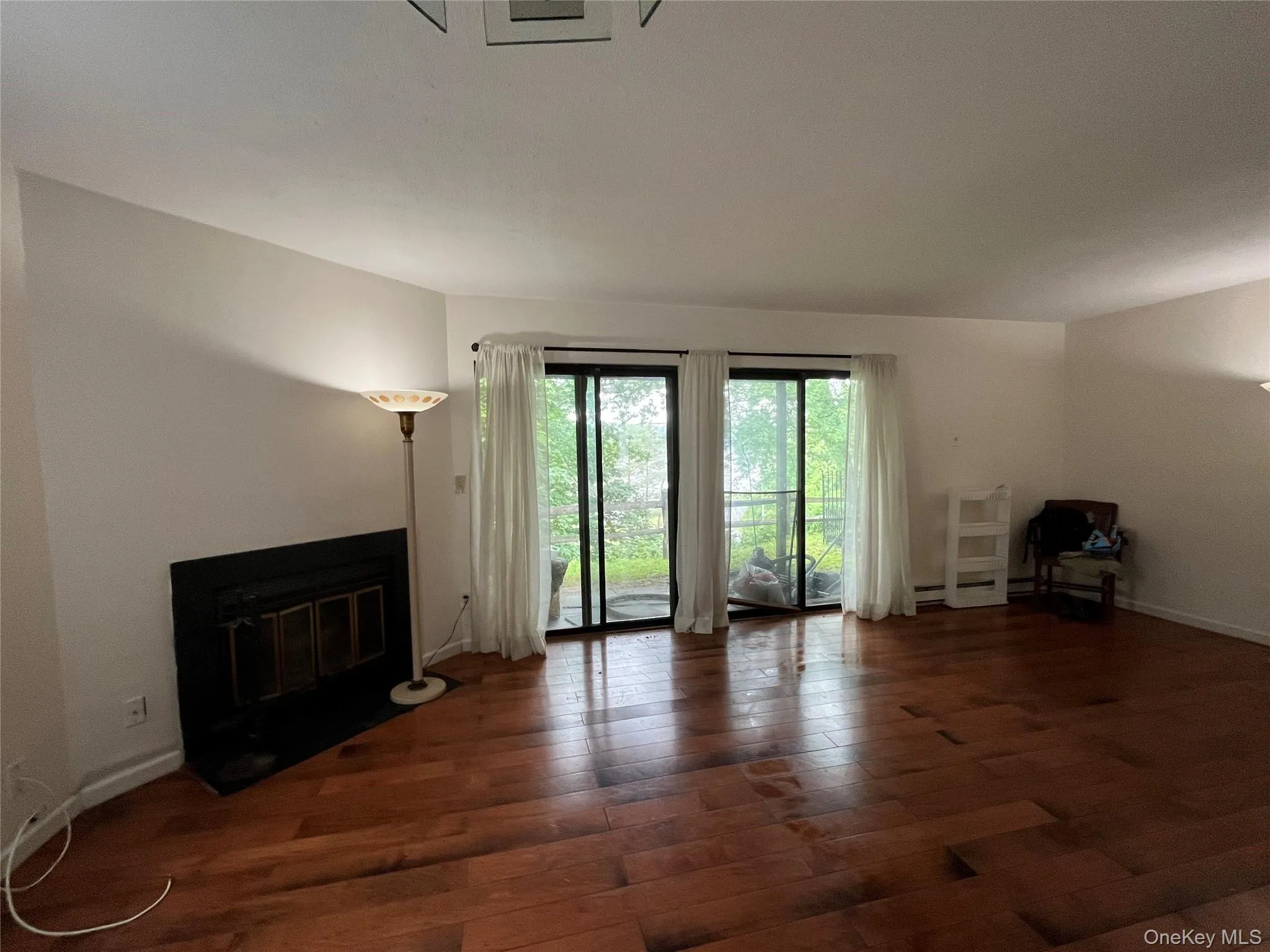 Living area featuring wood finished floors and a glass covered fireplace Living area featuring wood finished floors and a glass covered fireplace