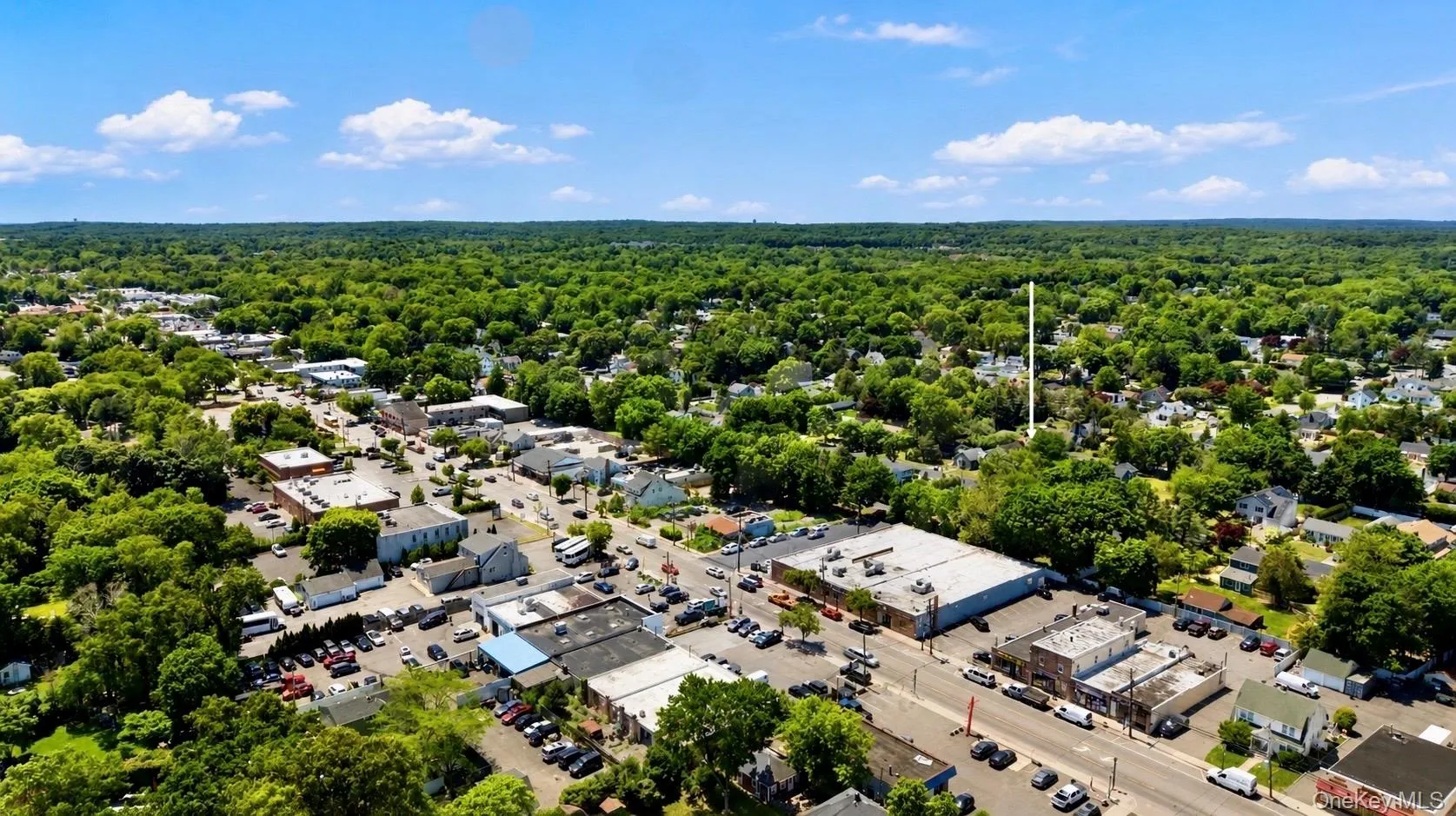 Aerial perspective showcasing a commercial district bordered by extensive tree-lined residential areas Aerial perspective showcasing a commercial district bordered by extensive tree-lined residential areas