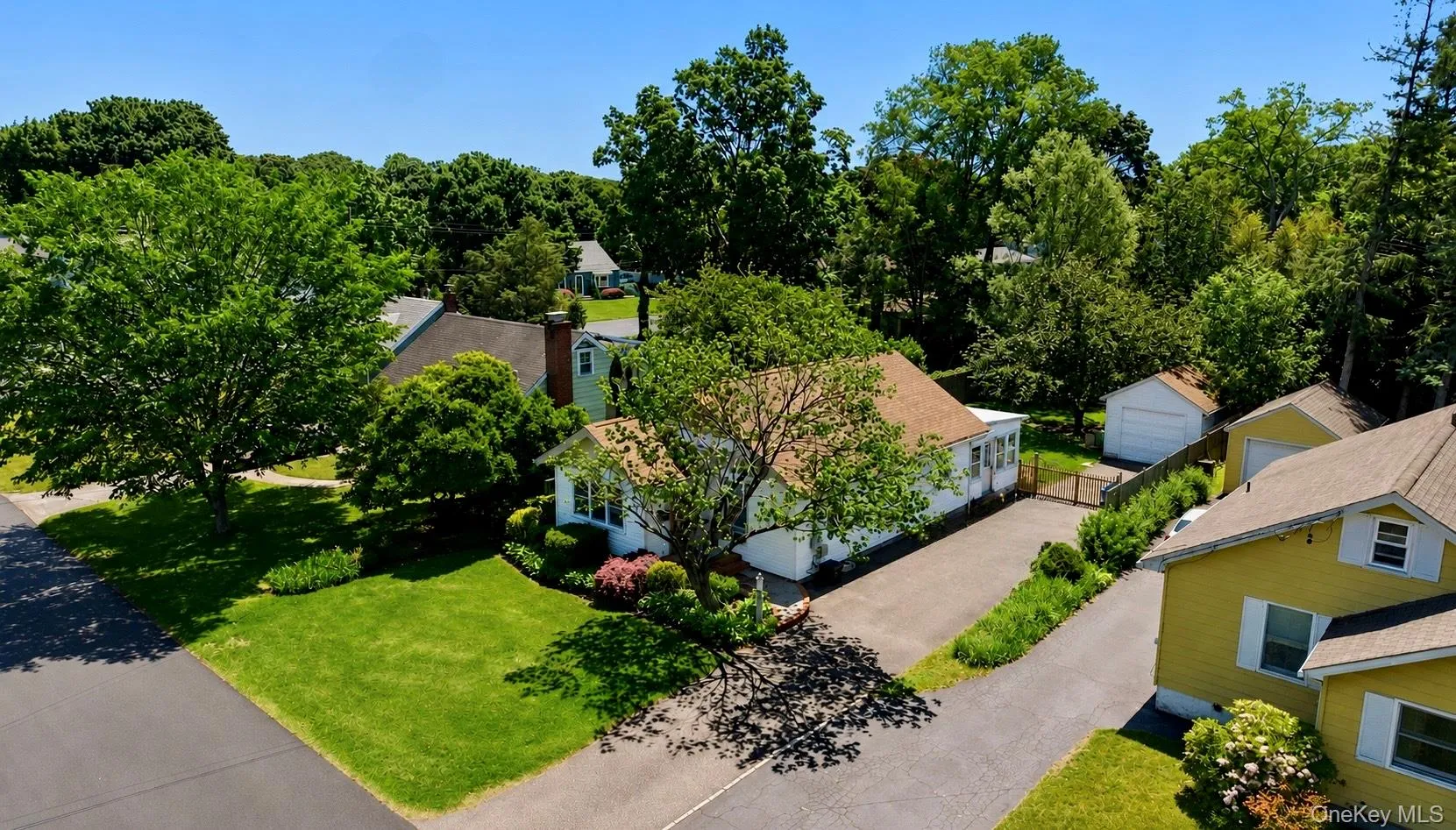 Residential property with a lush green lawn and mature trees Residential property with a lush green lawn and mature trees