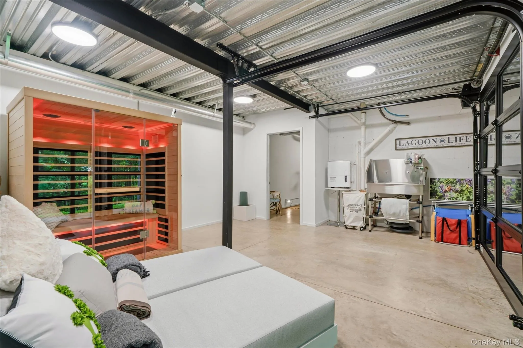 sauna, lounge area, yoga area, corrugated metal ceiling sauna, lounge area, yoga area, corrugated metal ceiling