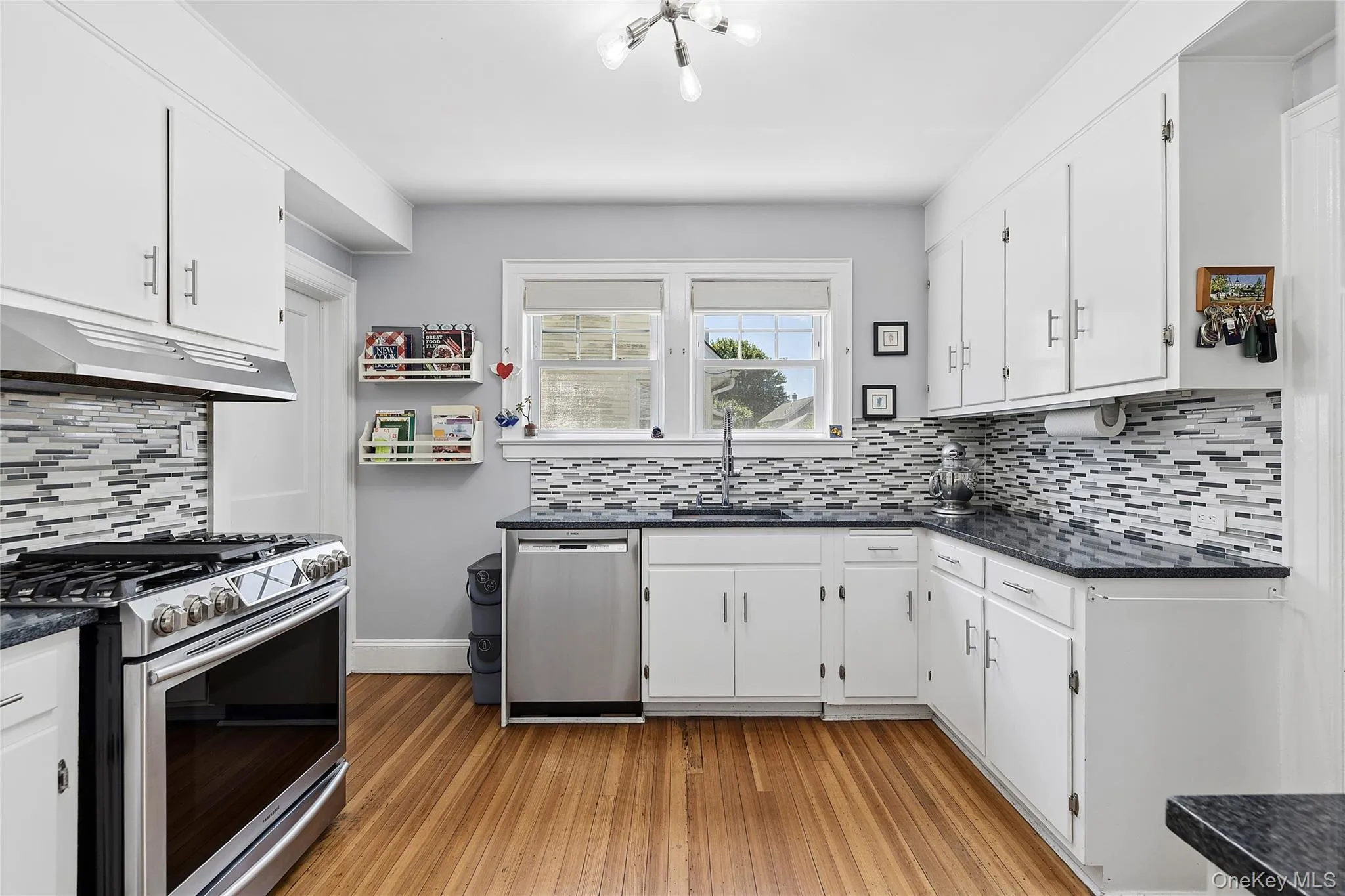 Kitchen featuring wood-finish flooring, white cabinetry, dark countertops, a mosaic tile backsplash, and stainless steel appliances Kitchen featuring wood-finish flooring, white cabinetry, dark countertops, a mosaic tile backsplash, and stainless steel appliances