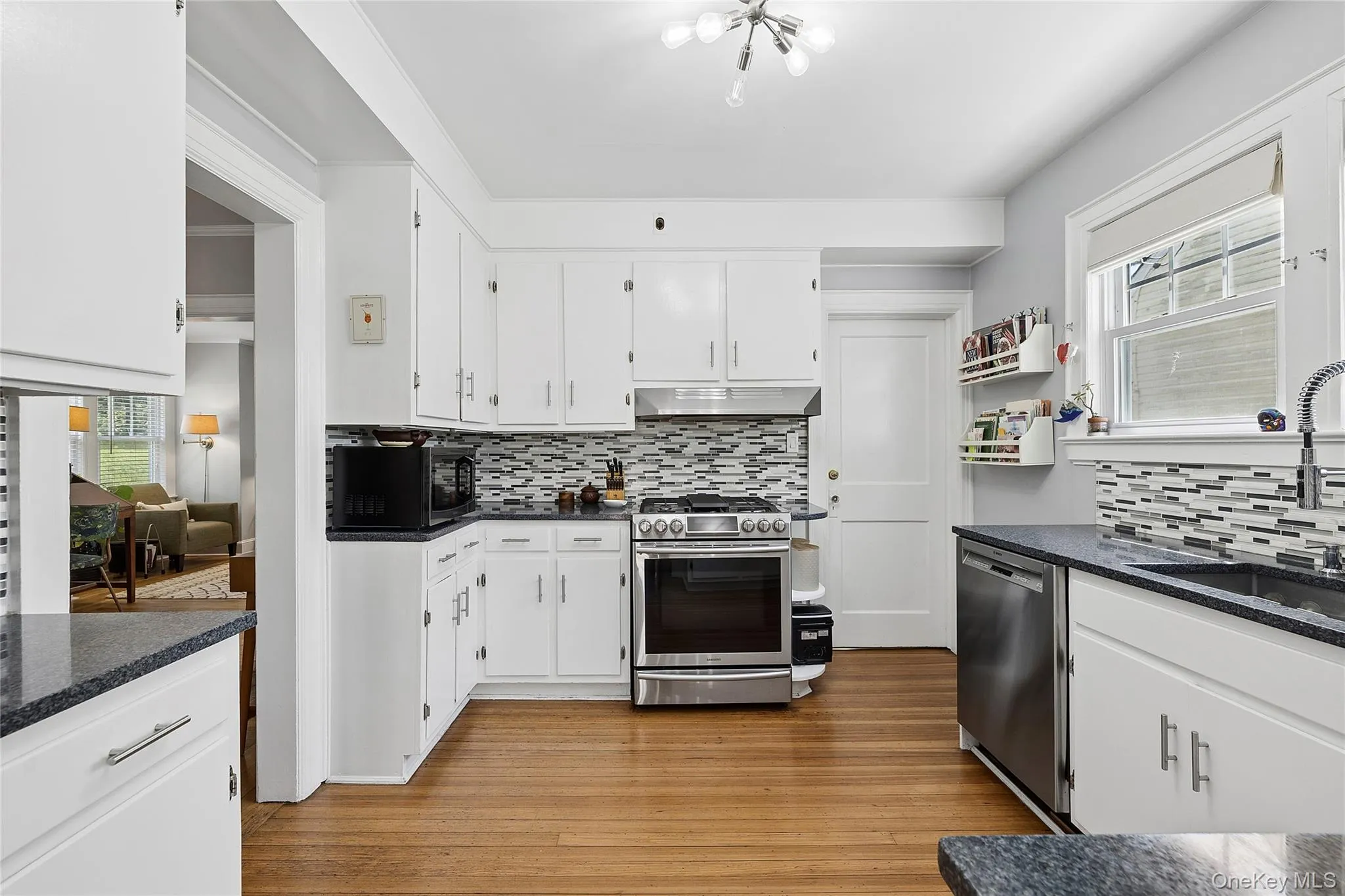 Kitchen featuring white cabinetry, dark speckled countertops, wood-finish flooring, a mosaic tile backsplash, and stainless steel appliances Kitchen featuring white cabinetry, dark speckled countertops, wood-finish flooring, a mosaic tile backsplash, and stainless steel appliances