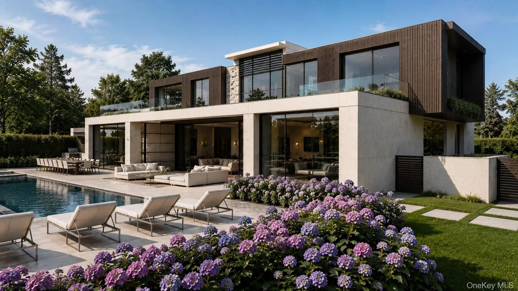 Contemporary exterior featuring multiple large windows, a private swimming pool, extensive patio space, and a manicured lawn with garden beds Contemporary exterior featuring multiple large windows, a private swimming pool, extensive patio space, and a manicured lawn with garden beds