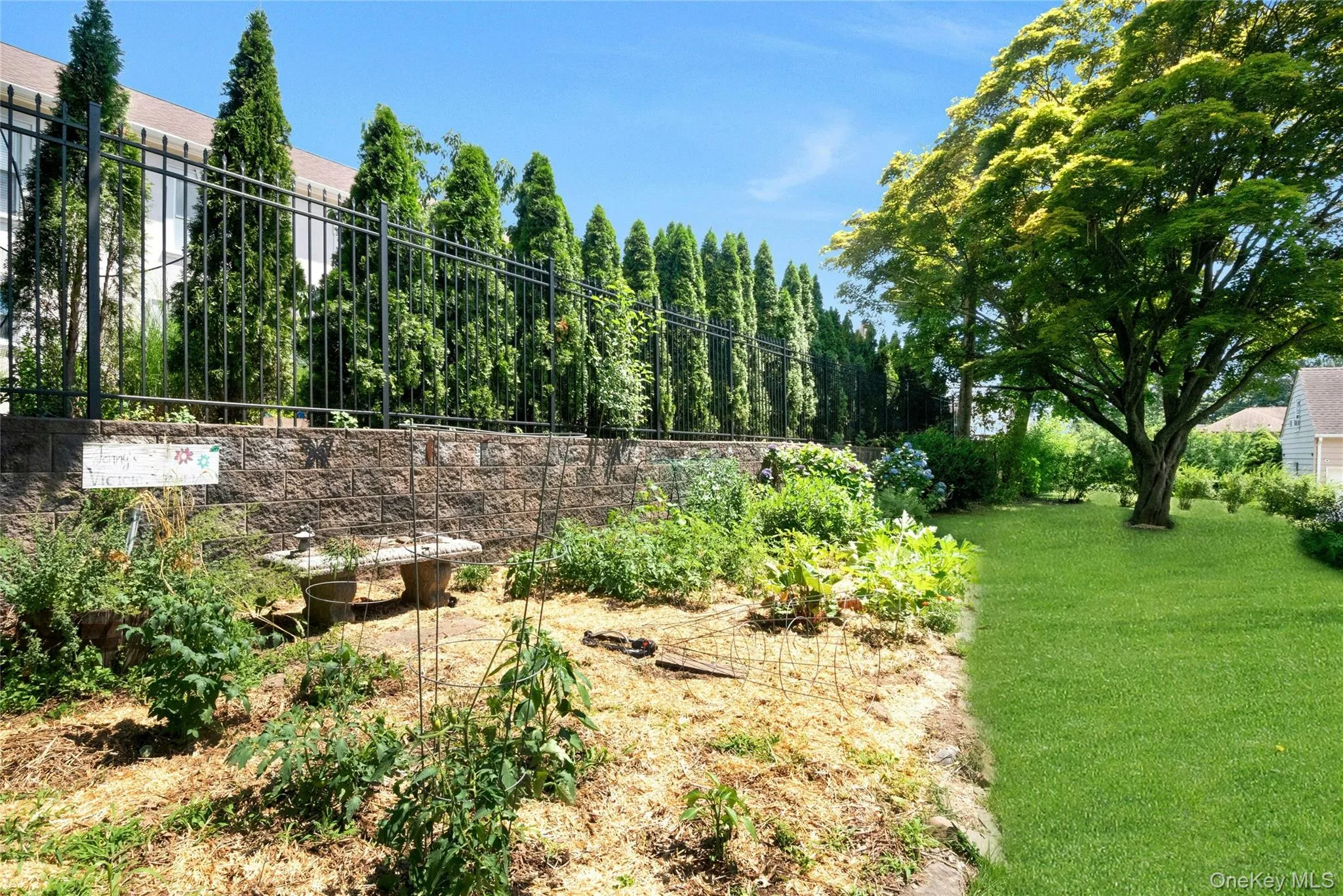 Expansive backyard featuring a lush green lawn, mature shade tree, and a dedicated garden area with a stone bench Expansive backyard featuring a lush green lawn, mature shade tree, and a dedicated garden area with a stone bench