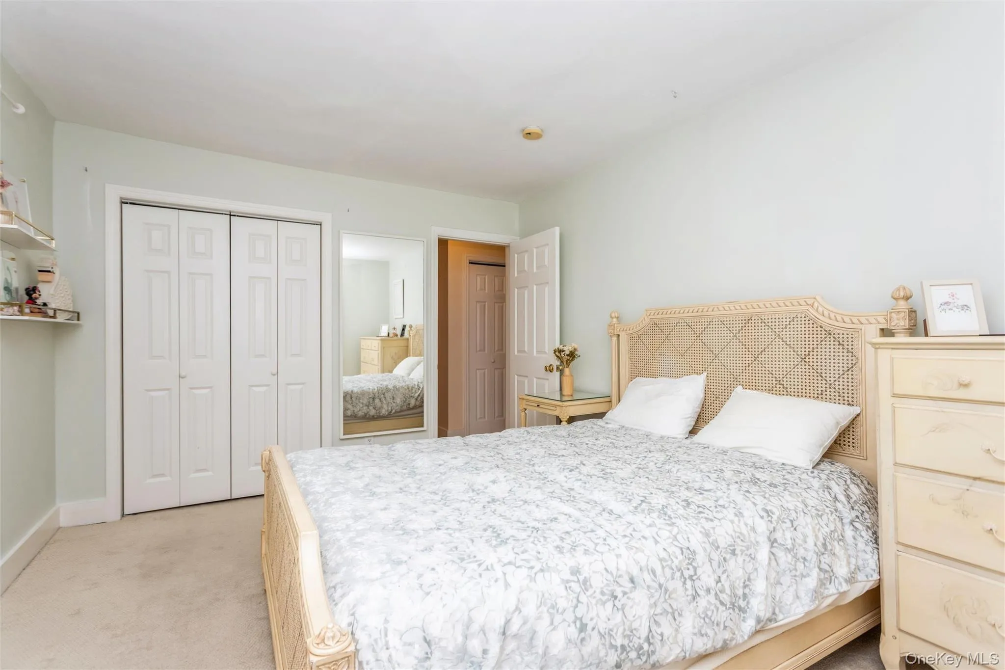 Bedroom featuring light carpet and a closet Bedroom featuring light carpet and a closet