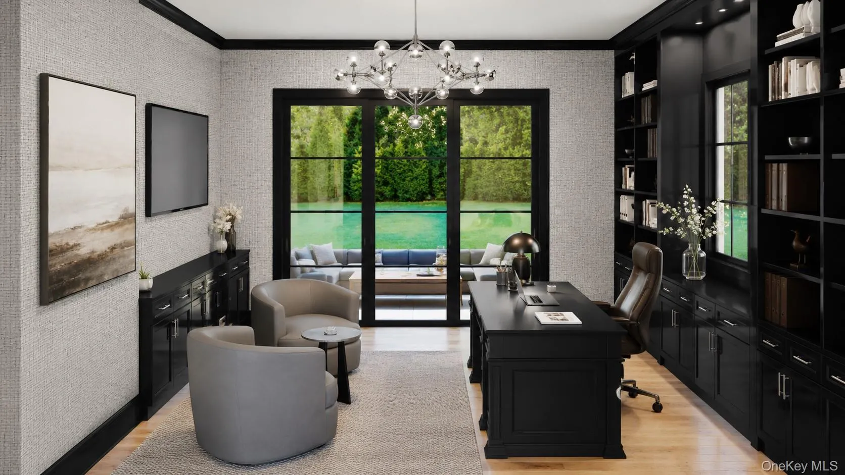 Black Lacquered Cabinetry w/Weave Wallpaper Black Lacquered Cabinetry w/Weave Wallpaper