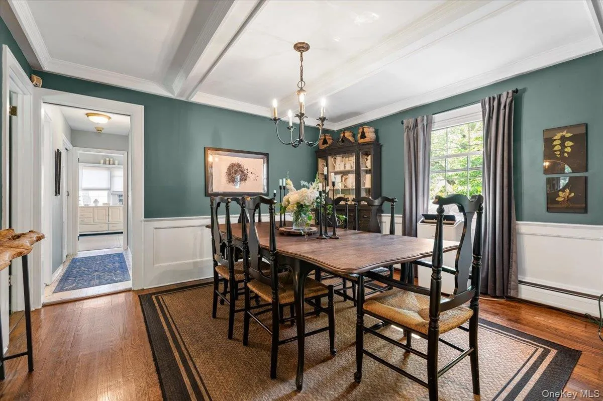 Dining room featuring hardwood flooring and white wainscoting Dining room featuring hardwood flooring and white wainscoting