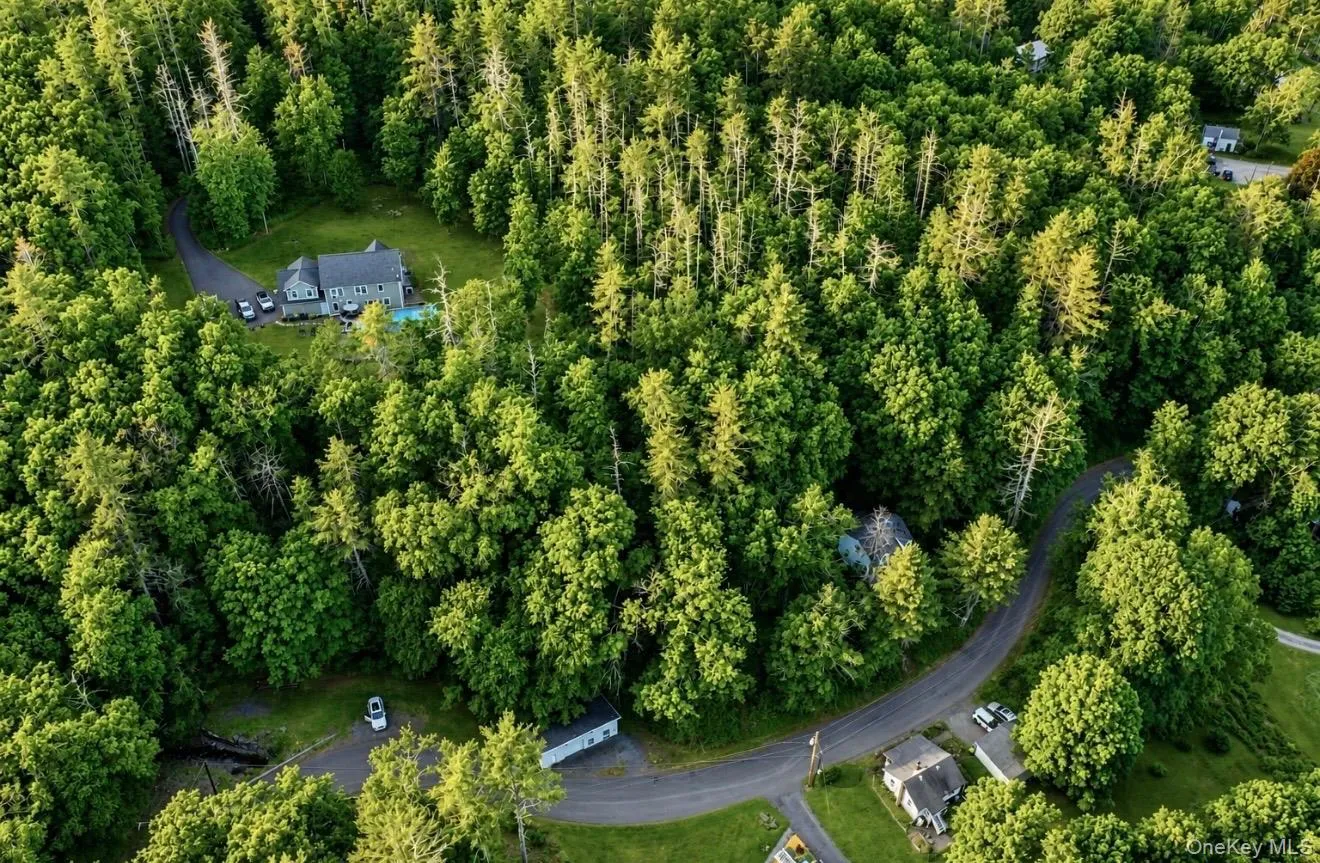Extensive wooded acreage featuring a private residence with a dark-pitched roof and light-colored siding Extensive wooded acreage featuring a private residence with a dark-pitched roof and light-colored siding