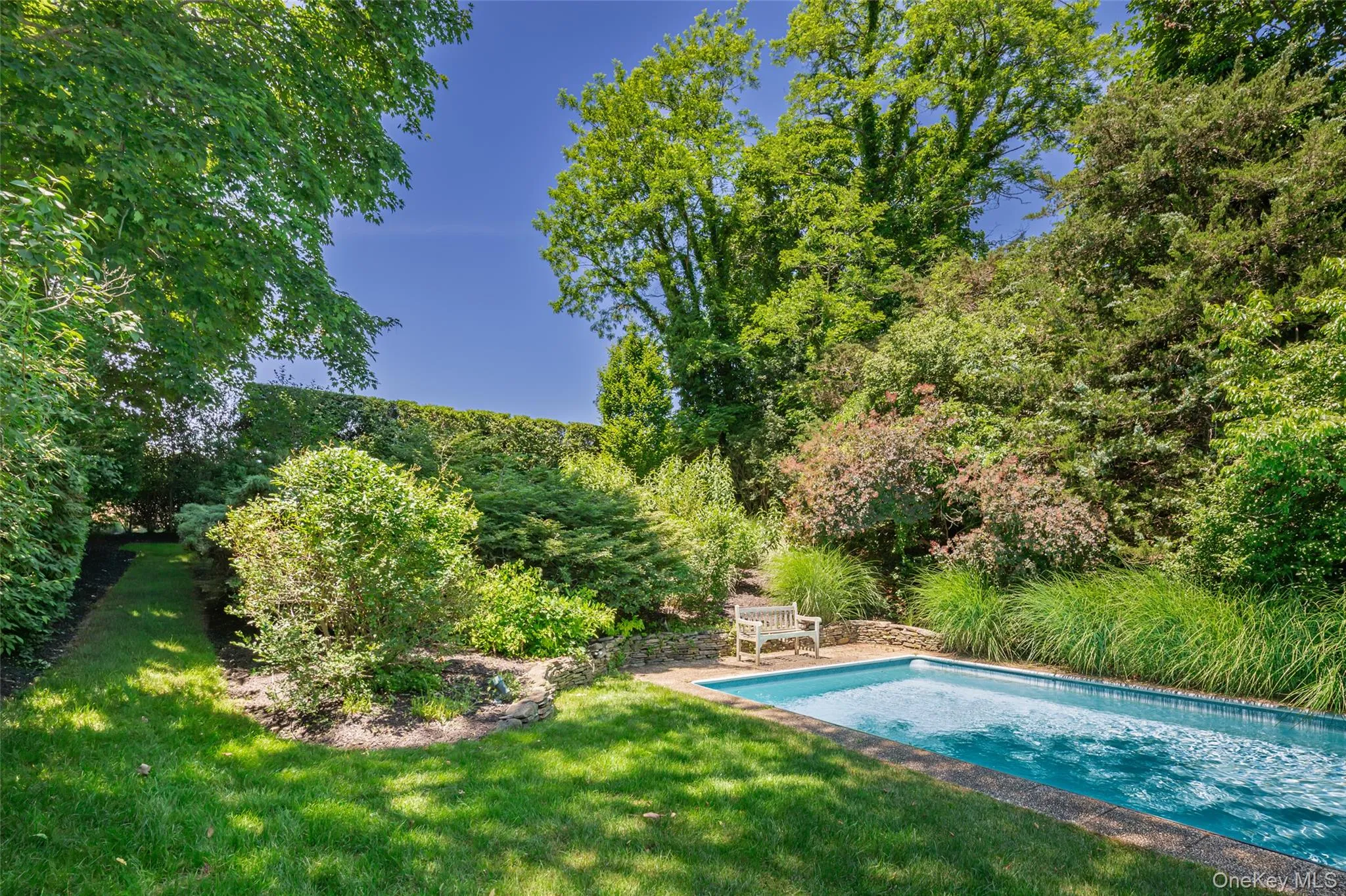 Rectangular in-ground swimming pool with stone coping and surrounding lawn Rectangular in-ground swimming pool with stone coping and surrounding lawn