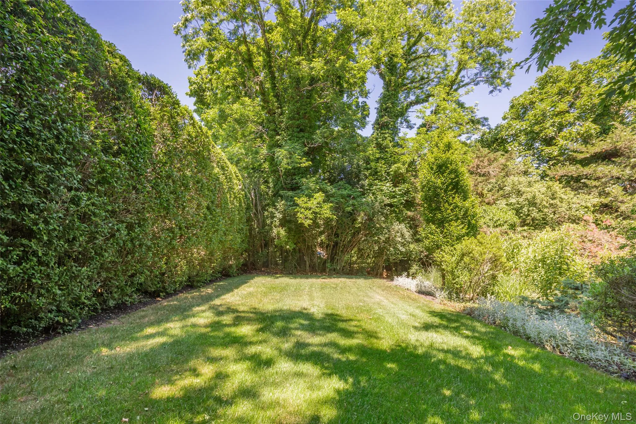Expansive lawn area featuring a lush green surface and mature perimeter landscaping Expansive lawn area featuring a lush green surface and mature perimeter landscaping