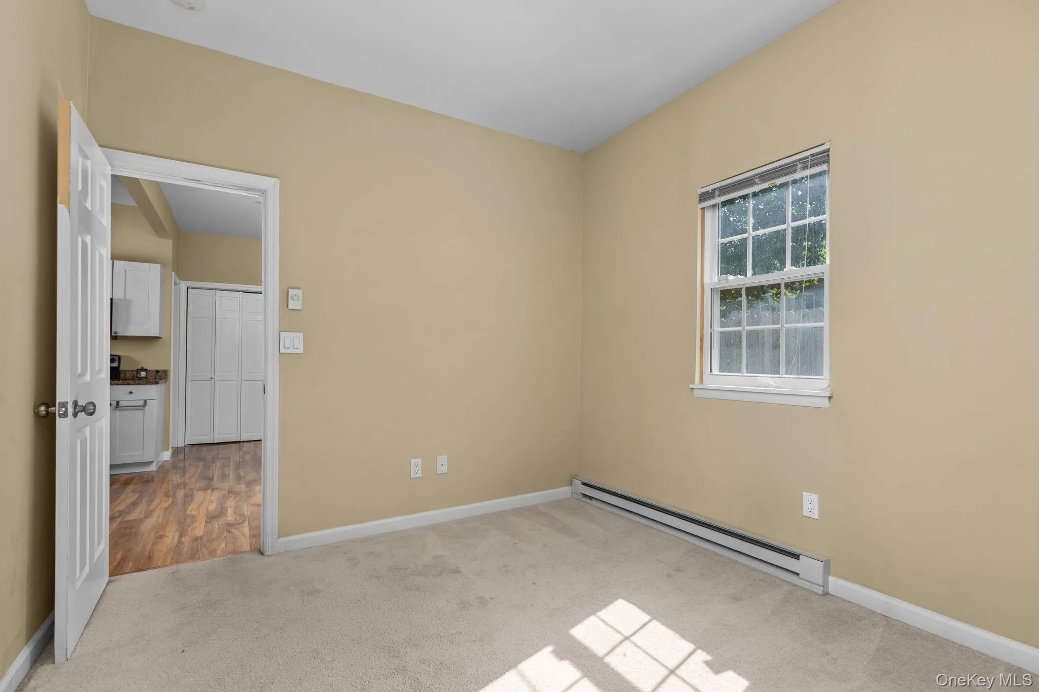 Carpeted room with a double-hung window and neutral painted walls Carpeted room with a double-hung window and neutral painted walls