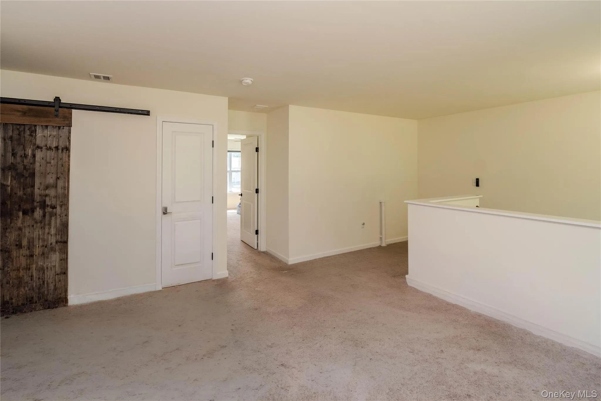Carpeted interior space featuring a rustic wood barn door to the laundry room Carpeted interior space featuring a rustic wood barn door to the laundry room