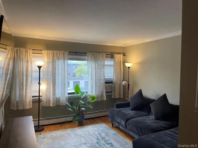 Living room with ornamental molding, wood finished floors, and a baseboard heating unit Living room with ornamental molding, wood finished floors, and a baseboard heating unit