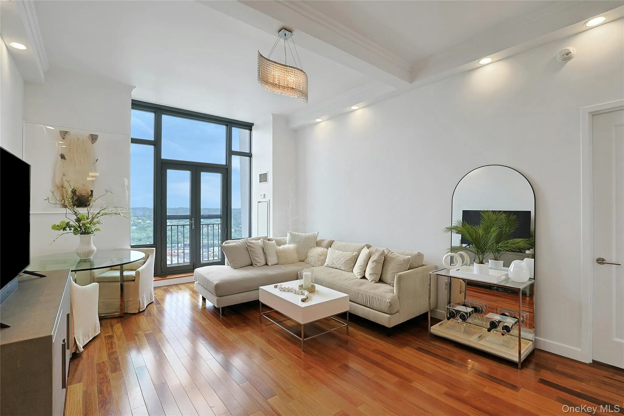 Living Room with Rare 11Ft Beamed Ceilings with Recessed Lighting Living Room with Rare 11Ft Beamed Ceilings with Recessed Lighting