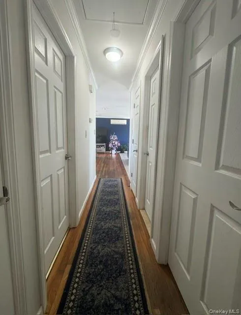Hallway featuring wood-finish flooring, white paneled doors, and a flush-mount ceiling light Hallway featuring wood-finish flooring, white paneled doors, and a flush-mount ceiling light