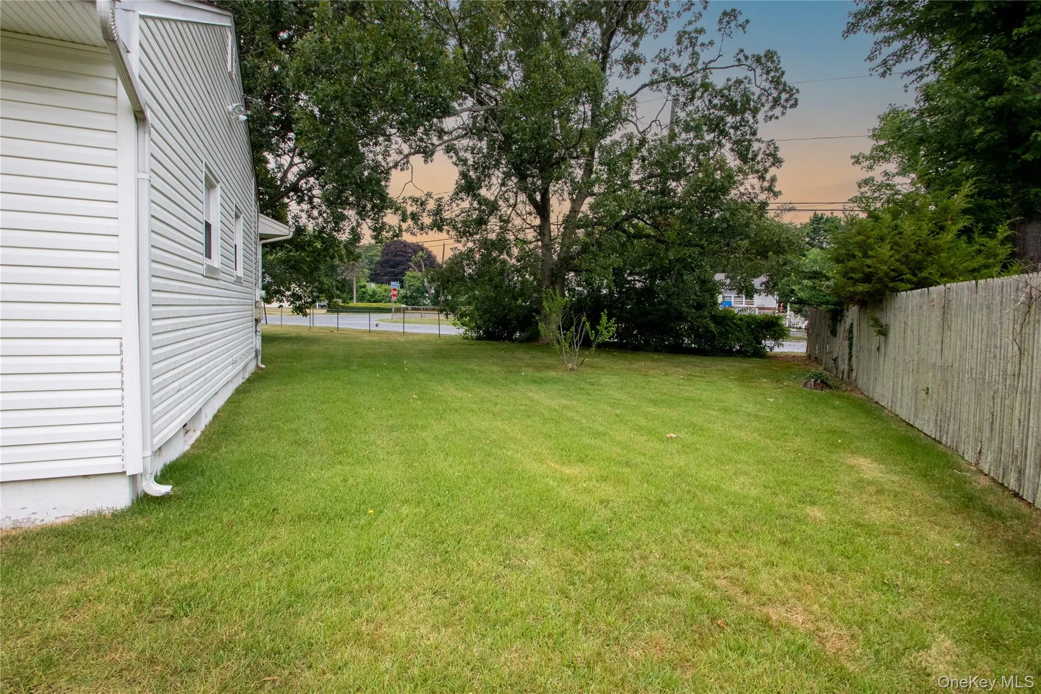 Spacious side yard featuring a manicured lawn, established perimeter trees, and a wooden privacy fence Spacious side yard featuring a manicured lawn, established perimeter trees, and a wooden privacy fence