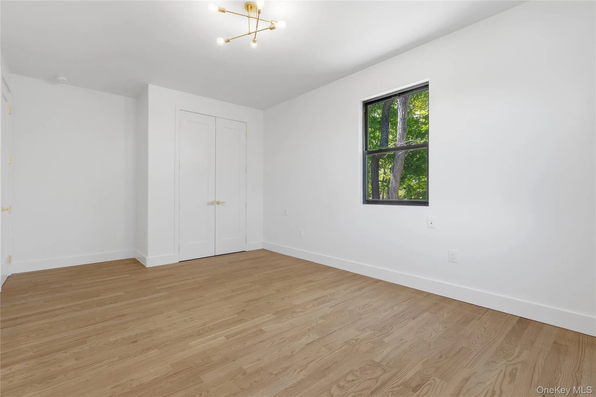 Bright interior room featuring wood-finish flooring, crisp white walls, and a contemporary gold-finished ceiling light fixture Bright interior room featuring wood-finish flooring, crisp white walls, and a contemporary gold-finished ceiling light fixture
