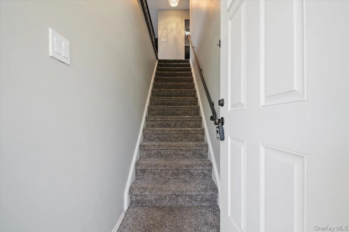Carpeted stairway with dark metal handrail, featuring light gray wall paint and a white paneled door Carpeted stairway with dark metal handrail, featuring light gray wall paint and a white paneled door