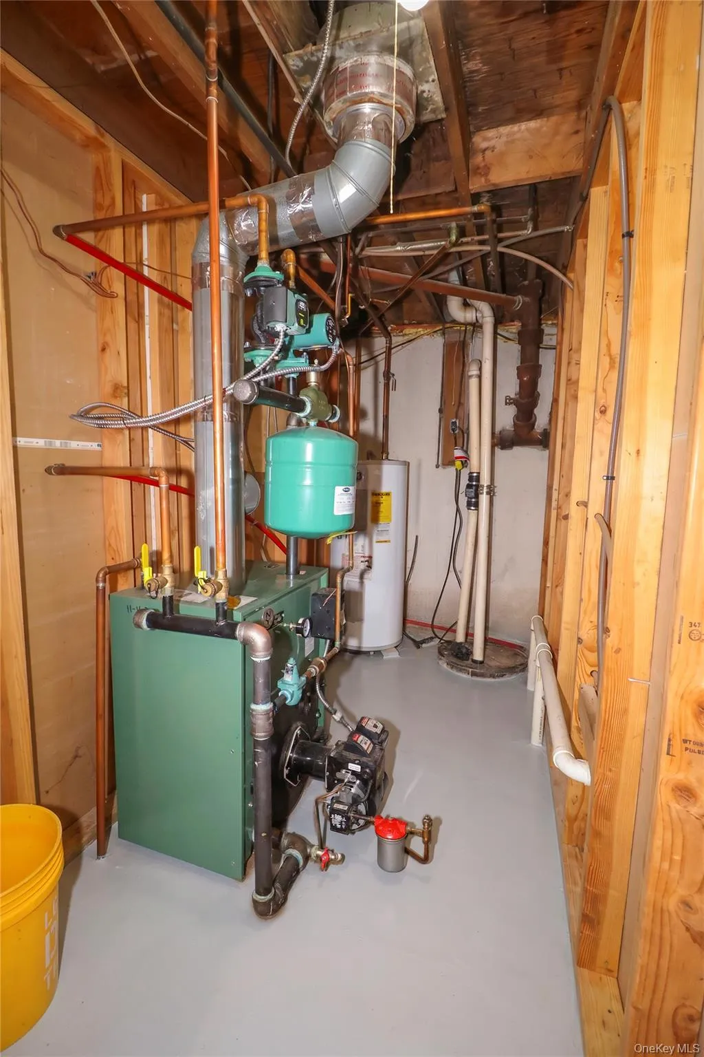 Utility area featuring a green boiler system, associated copper and galvanized piping, an expansion tank, and a water heater Utility area featuring a green boiler system, associated copper and galvanized piping, an expansion tank, and a water heater