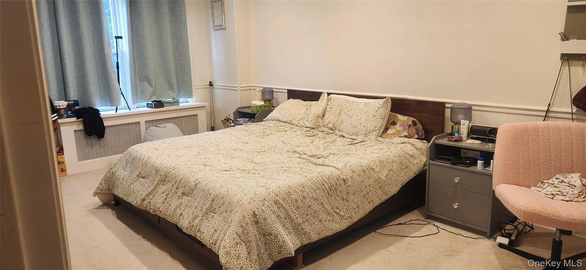Bedroom with light colored carpet, radiator heating unit, and wainscoting Bedroom with light colored carpet, radiator heating unit, and wainscoting