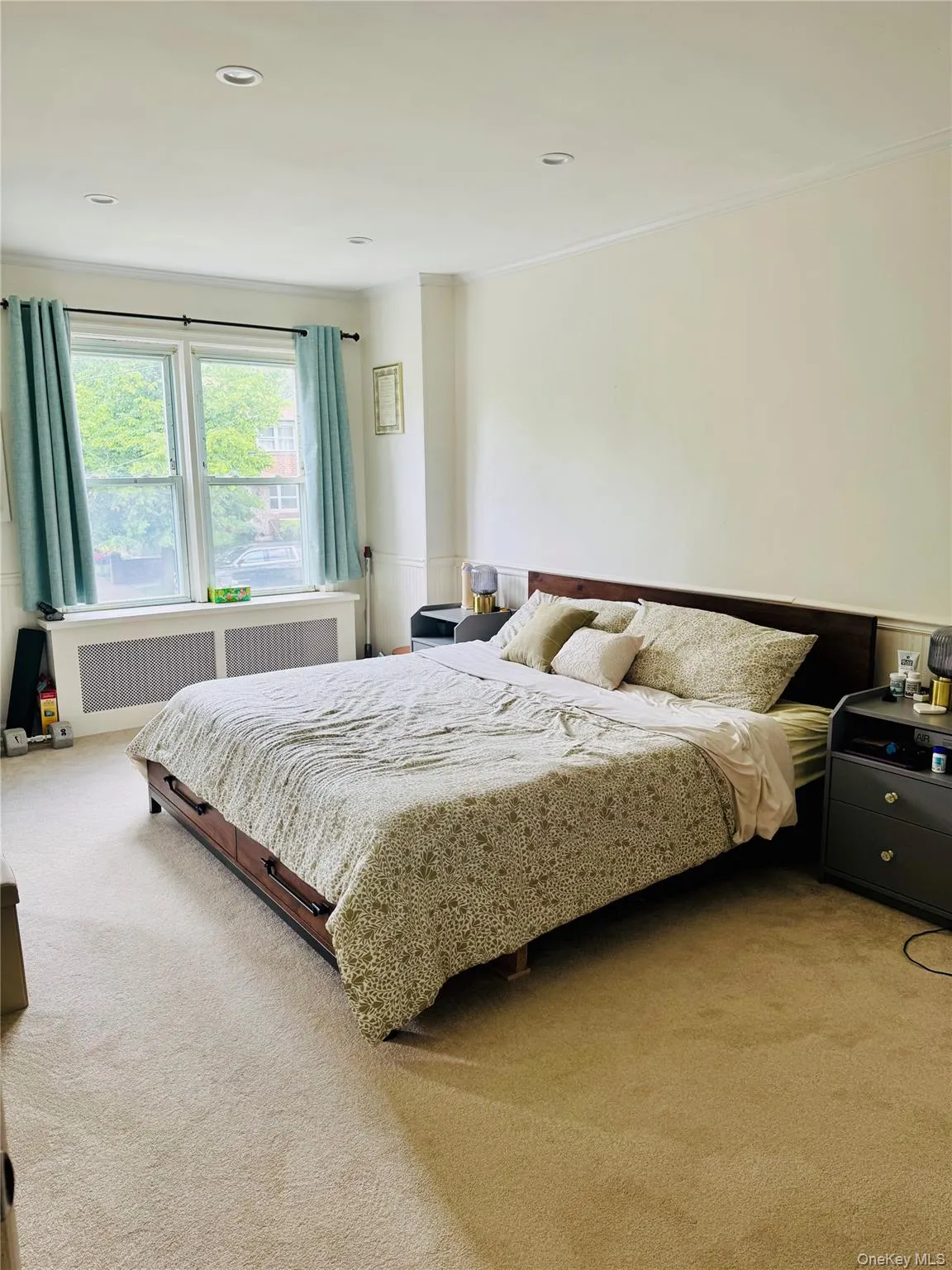 Bedroom with light carpet, radiator heating unit, and ornamental molding Bedroom with light carpet, radiator heating unit, and ornamental molding