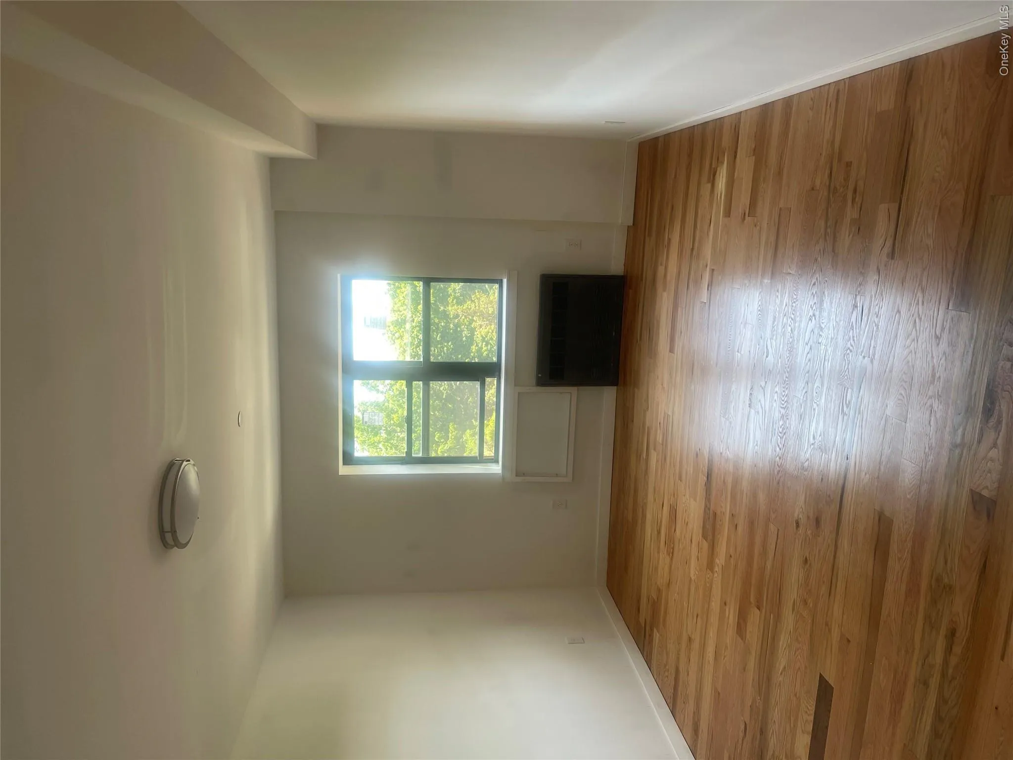Hardwood flooring with natural finish, white walls, and a large window with black framing Hardwood flooring with natural finish, white walls, and a large window with black framing