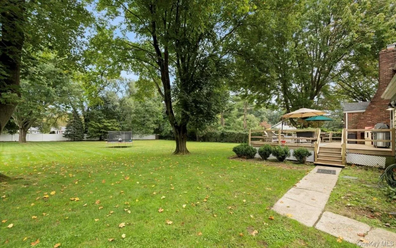 View of yard with a trampoline, a wooden deck, and view of wooded area View of yard with a trampoline, a wooden deck, and view of wooded area