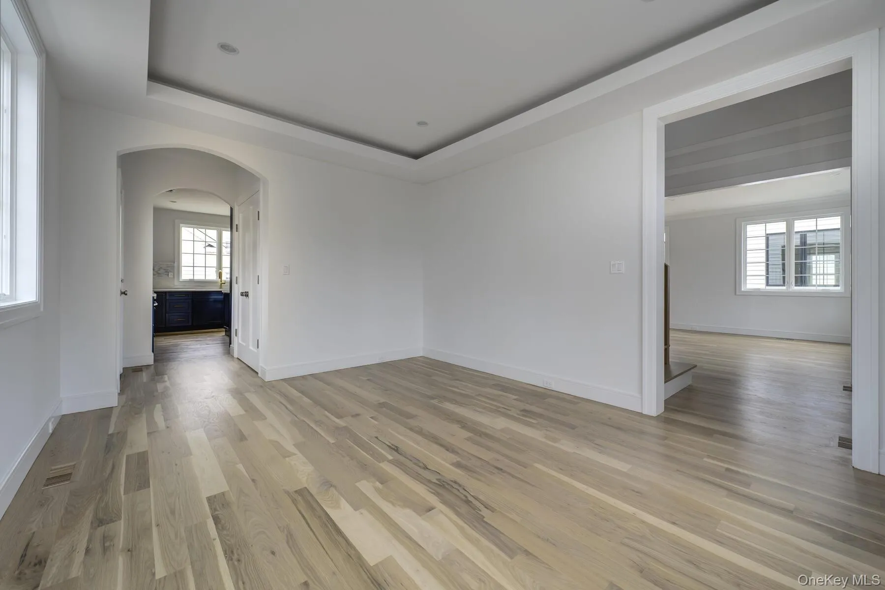 Unfurnished room featuring light wood-style floors, a tray ceiling, a wealth of natural light, and arched walkways Unfurnished room featuring light wood-style floors, a tray ceiling, a wealth of natural light, and arched walkways