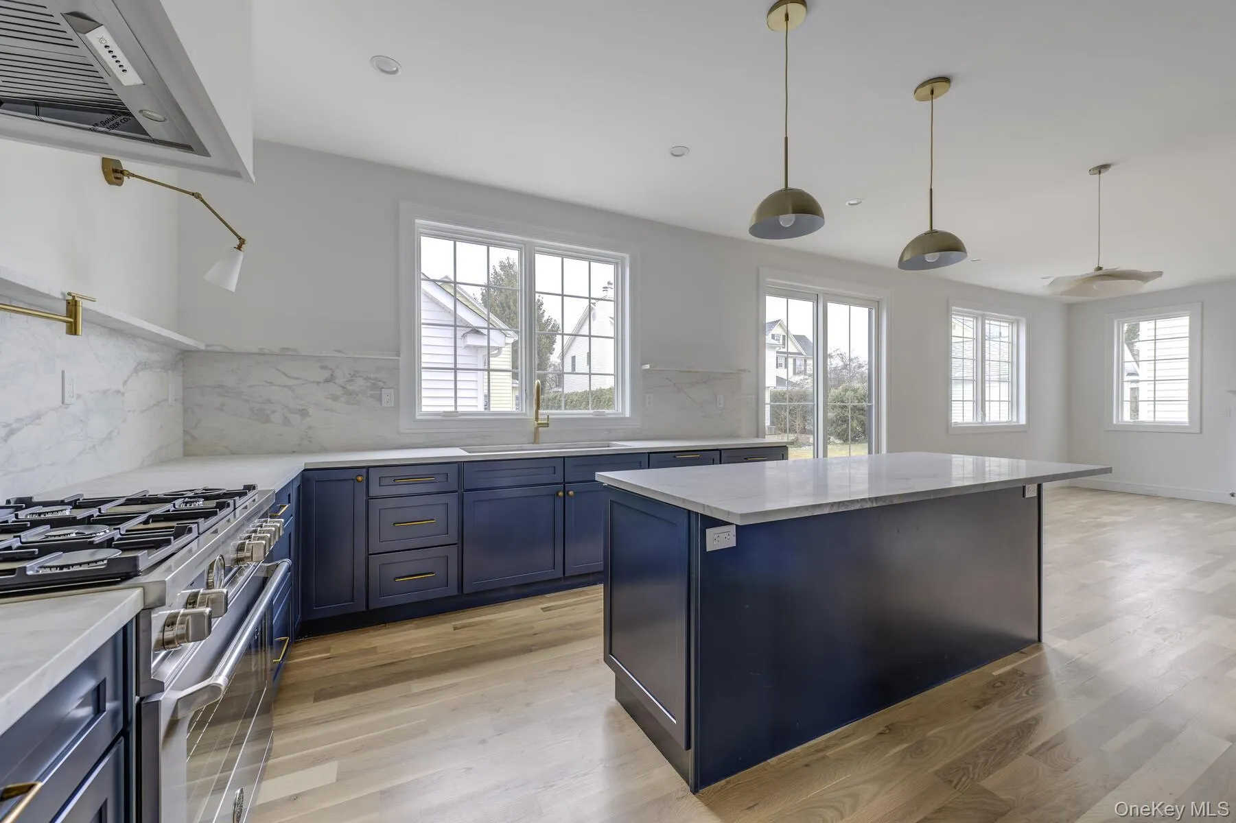 Kitchen with light wood-type flooring, high end stainless steel range oven, blue cabinetry, and a sink Kitchen with light wood-type flooring, high end stainless steel range oven, blue cabinetry, and a sink