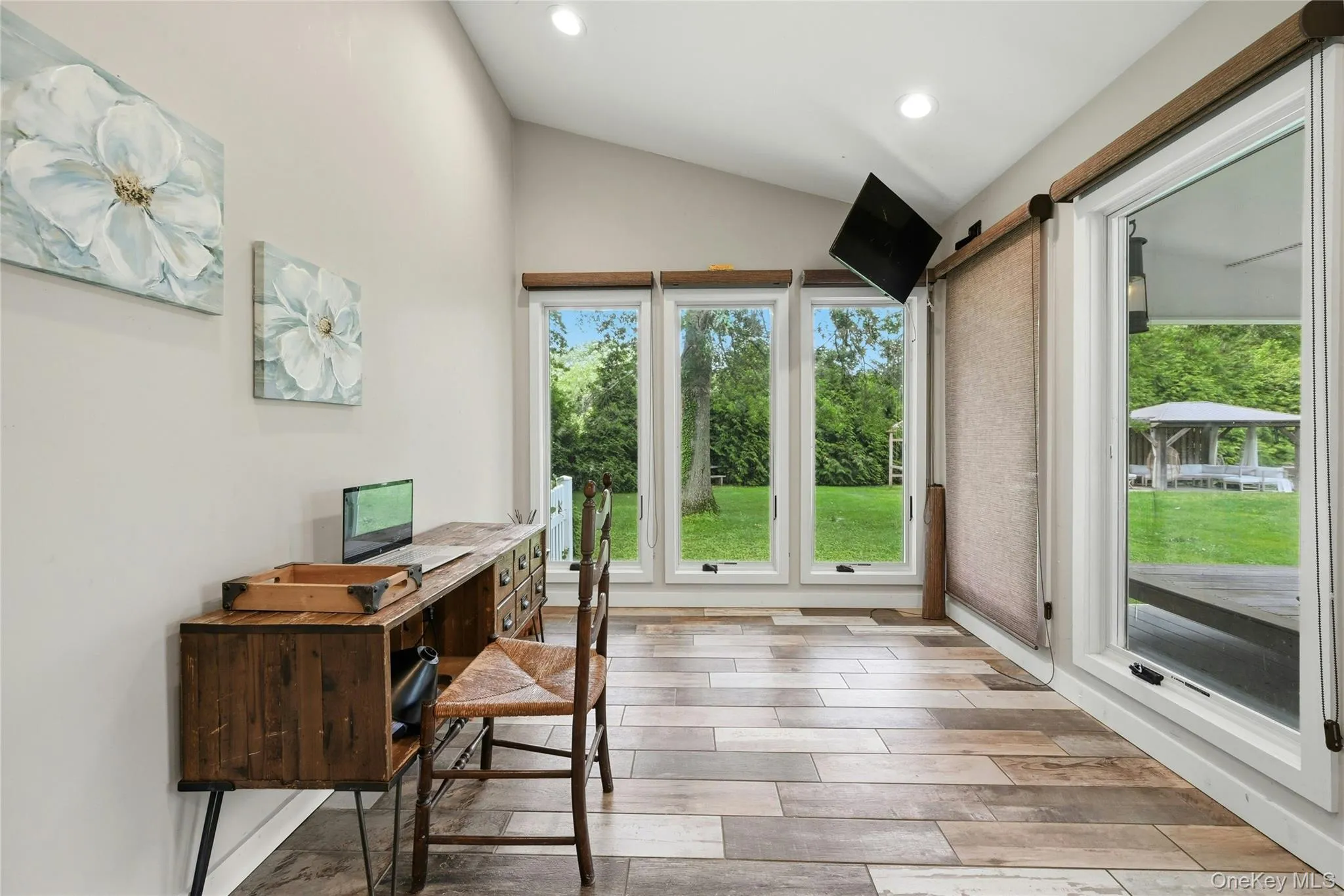 Vaulted ceiling with recessed lighting, office/guest space, hardwood floring Vaulted ceiling with recessed lighting, office/guest space, hardwood floring